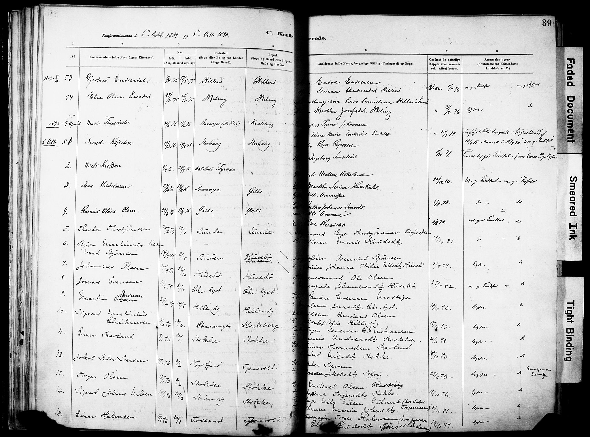 Hetland sokneprestkontor, SAST/A-101826/30/30BA/L0012: Parish register (official) no. A 12, 1882-1912, p. 39