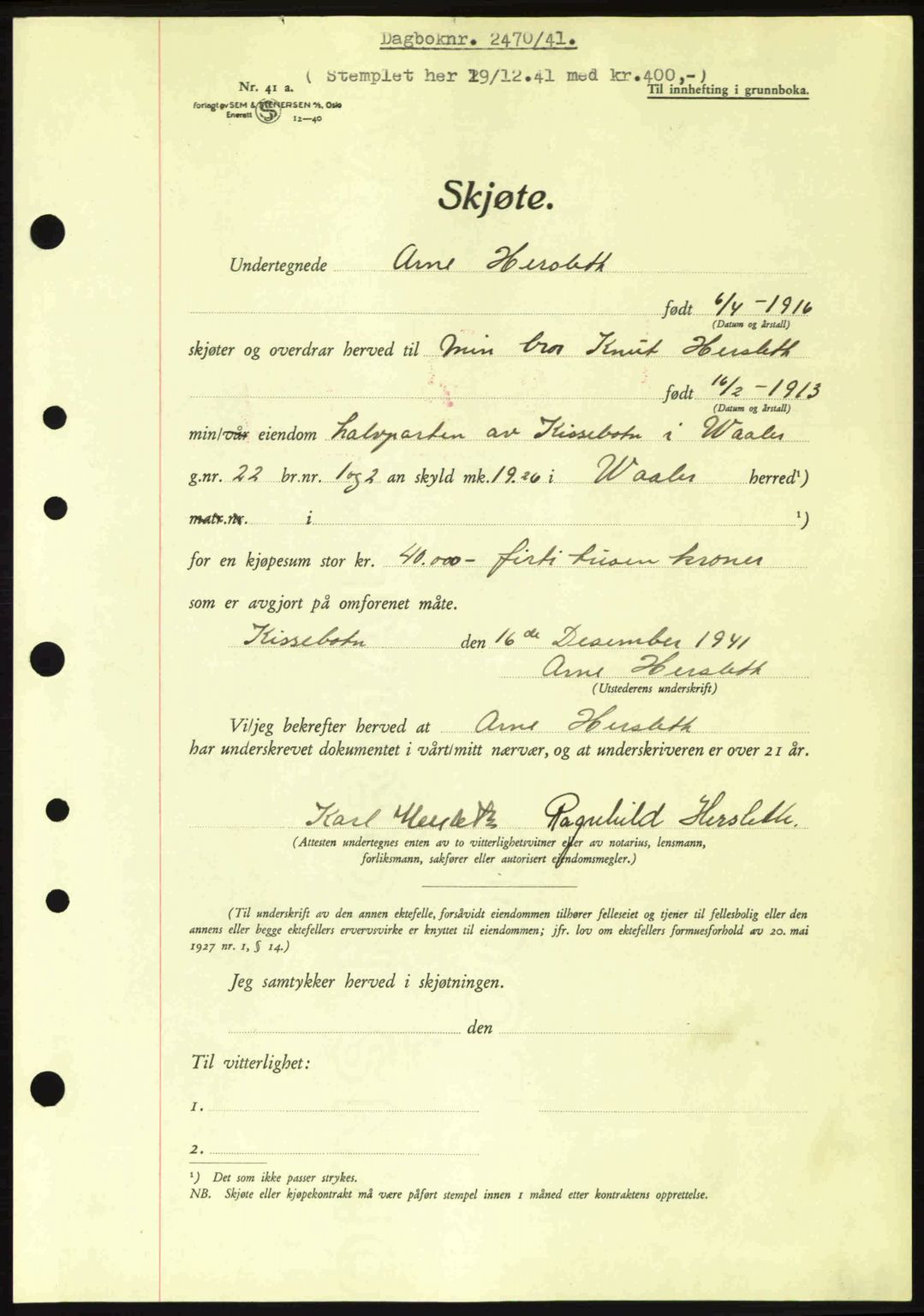 Moss sorenskriveri, SAO/A-10168: Mortgage book no. A9, 1941-1942, Diary no: : 2470/1941