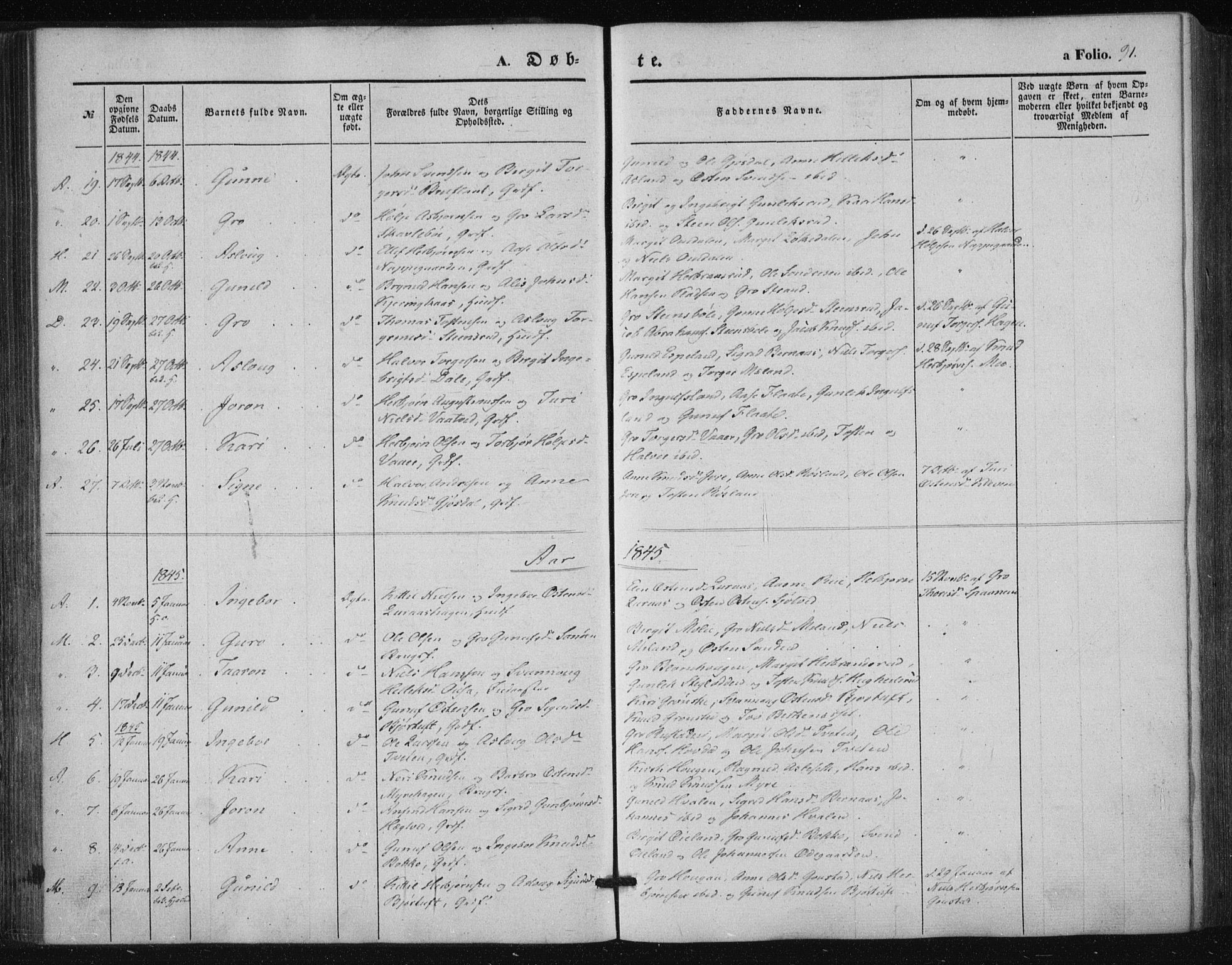Tinn kirkebøker, AV/SAKO-A-308/F/Fa/L0005: Parish register (official) no. I 5, 1844-1856, p. 91