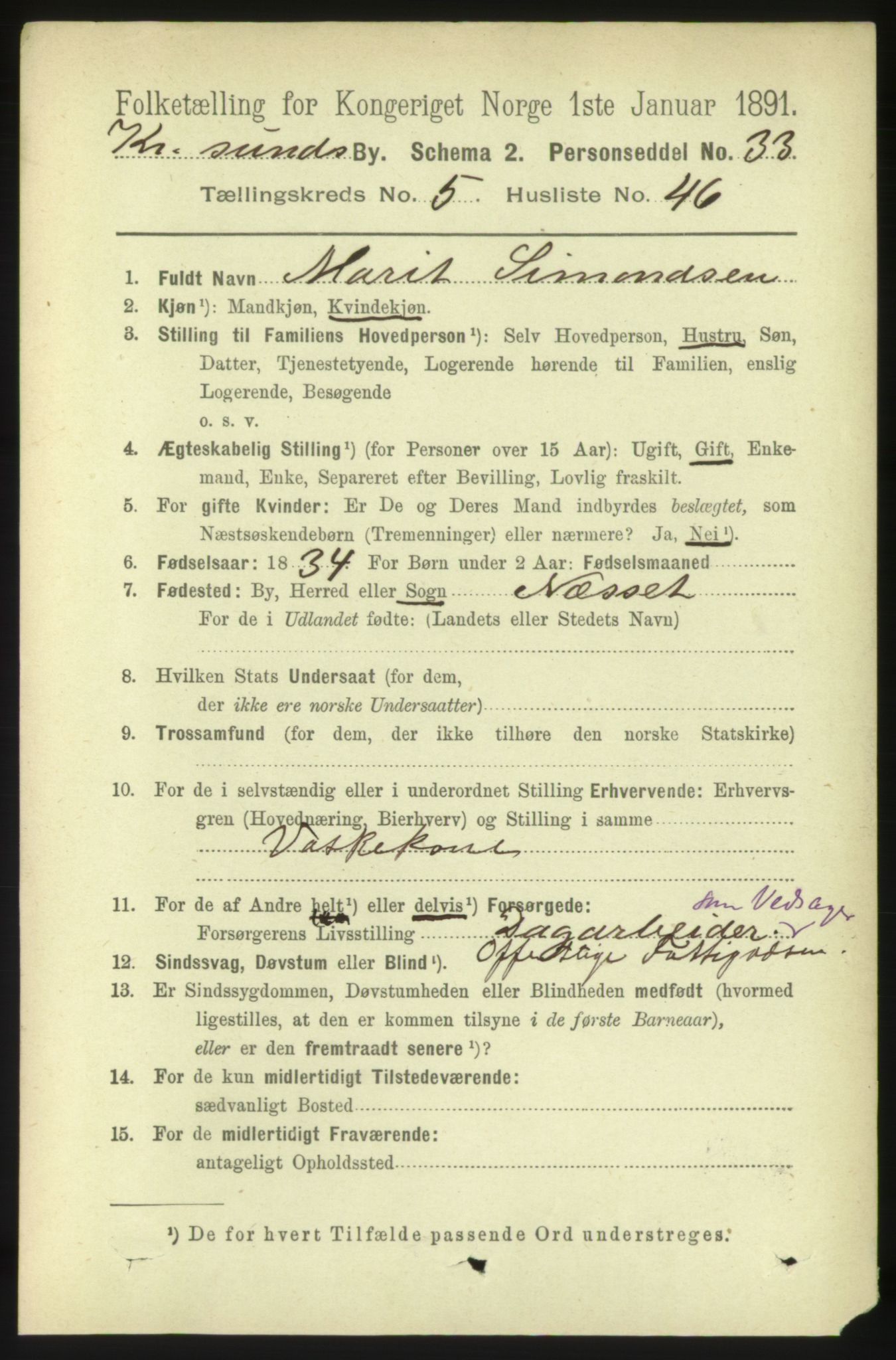 RA, 1891 census for 1503 Kristiansund, 1891, p. 5039