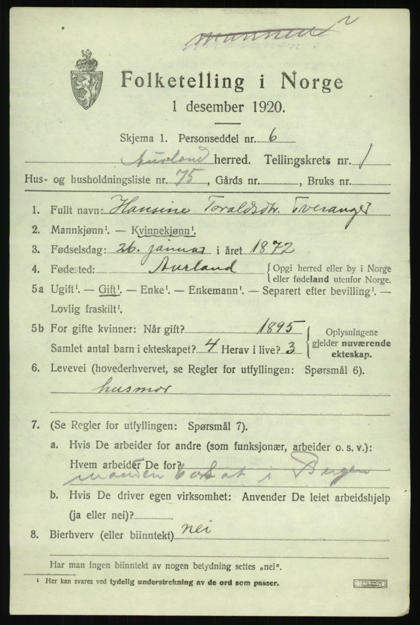 SAB, 1920 census for Aurland, 1920, p. 1806