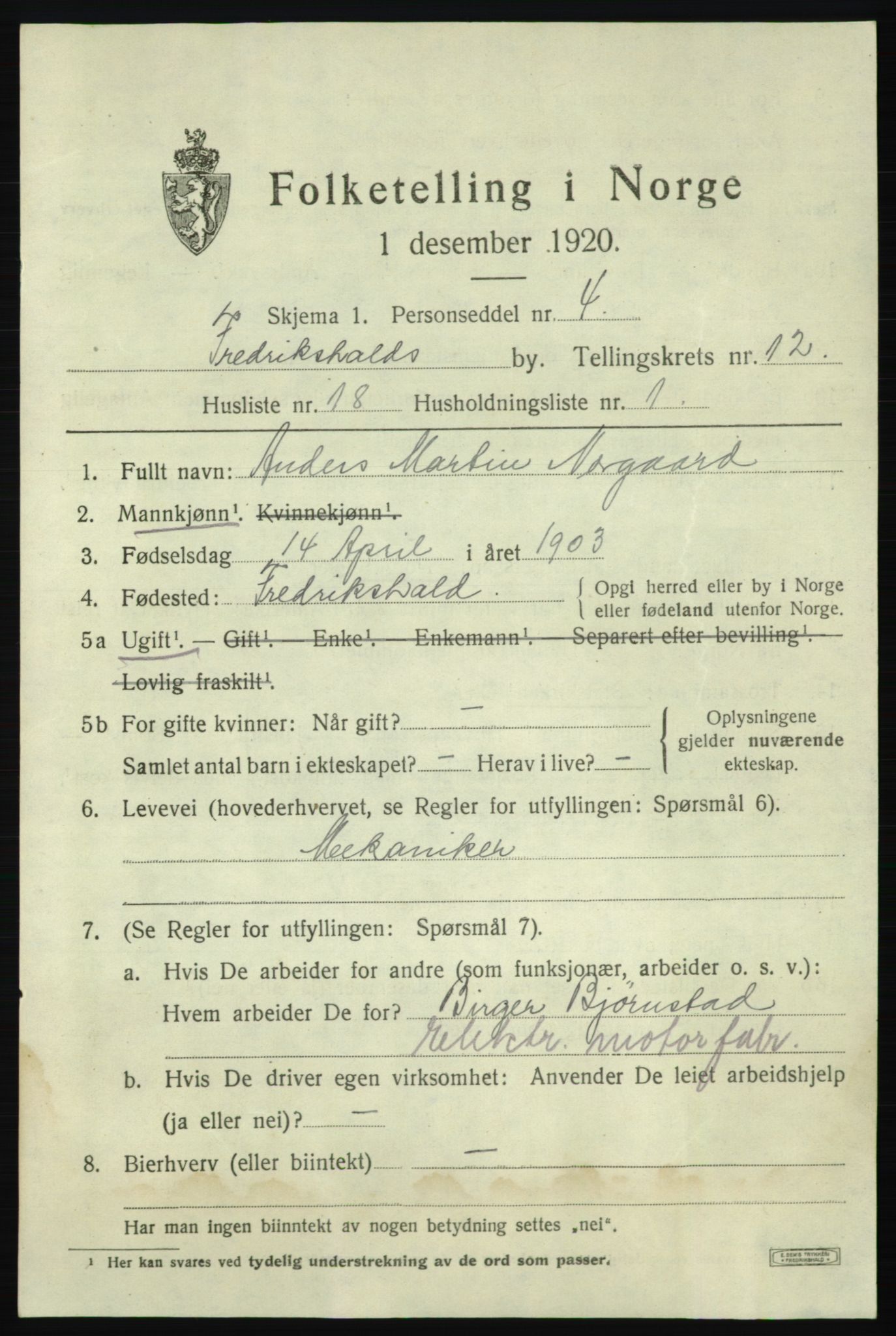 SAO, 1920 census for Fredrikshald, 1920, p. 20243