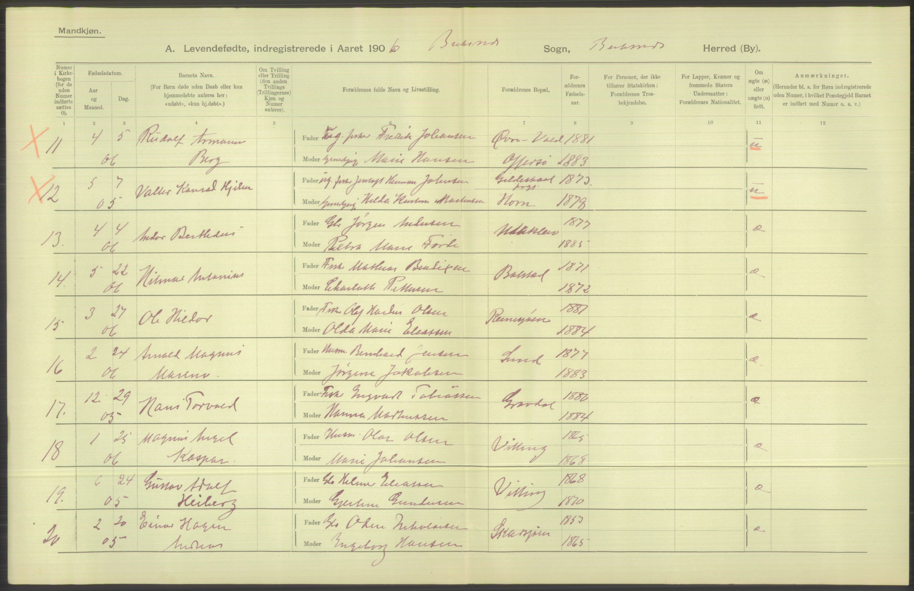 Statistisk sentralbyrå, Sosiodemografiske emner, Befolkning, AV/RA-S-2228/D/Df/Dfa/Dfad/L0044: Nordlands amt: Levendefødte menn og kvinner. Bygder., 1906, p. 146