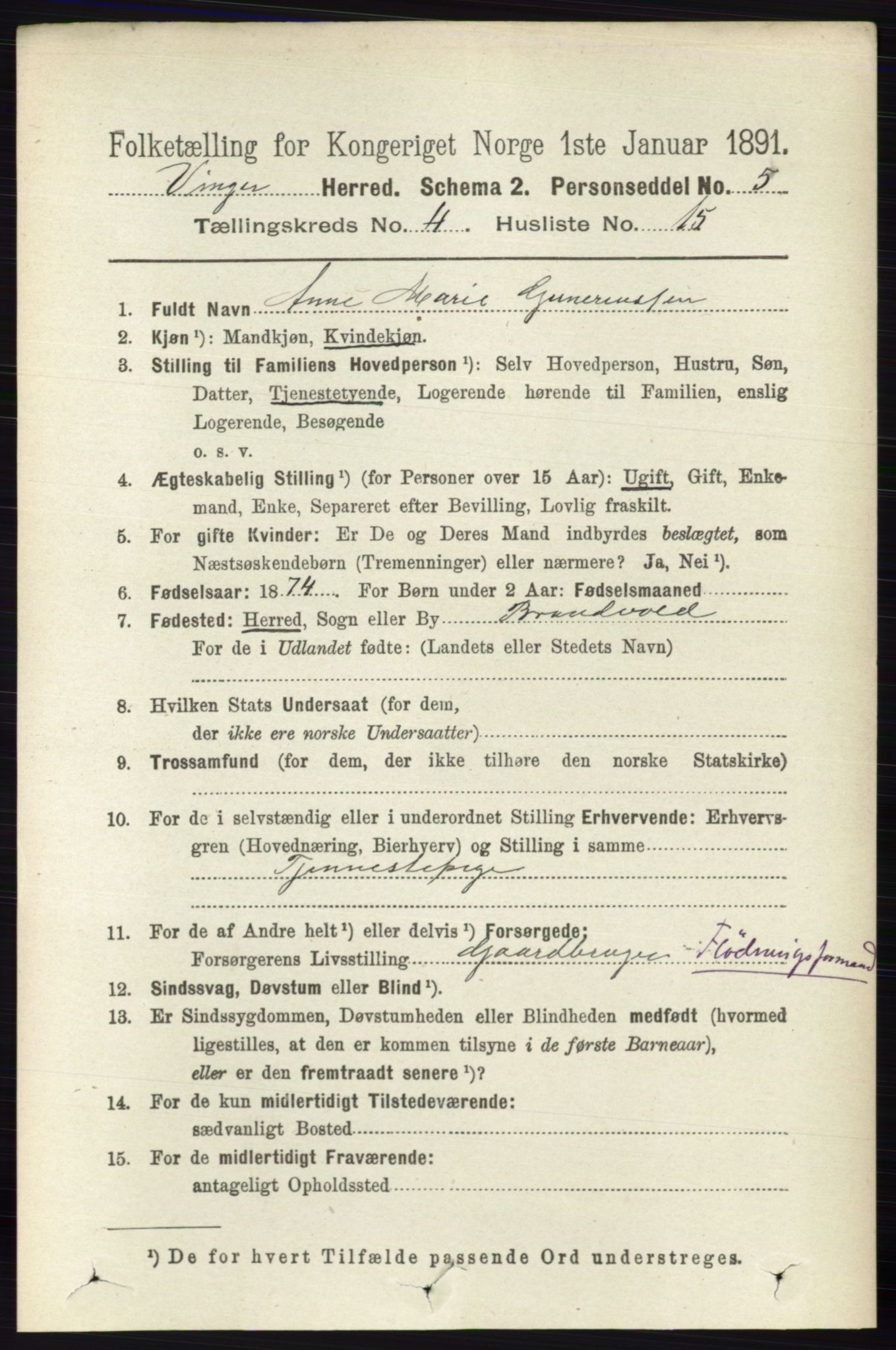 RA, 1891 census for 0421 Vinger, 1891, p. 1720