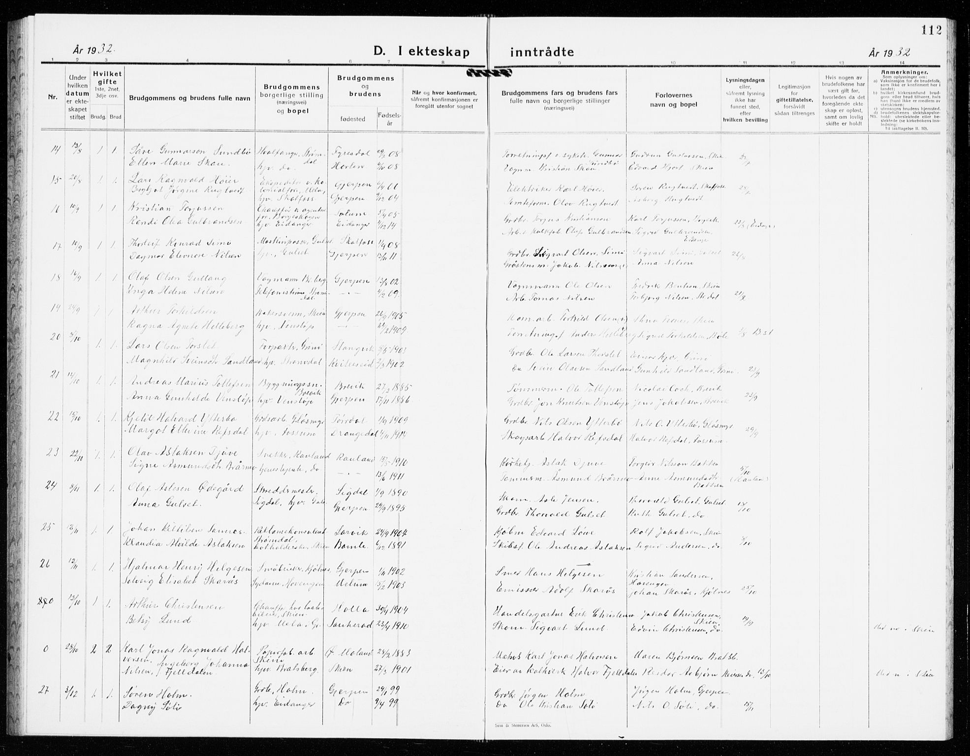 Gjerpen kirkebøker, AV/SAKO-A-265/G/Ga/L0005: Parish register (copy) no. I 5, 1932-1940, p. 112