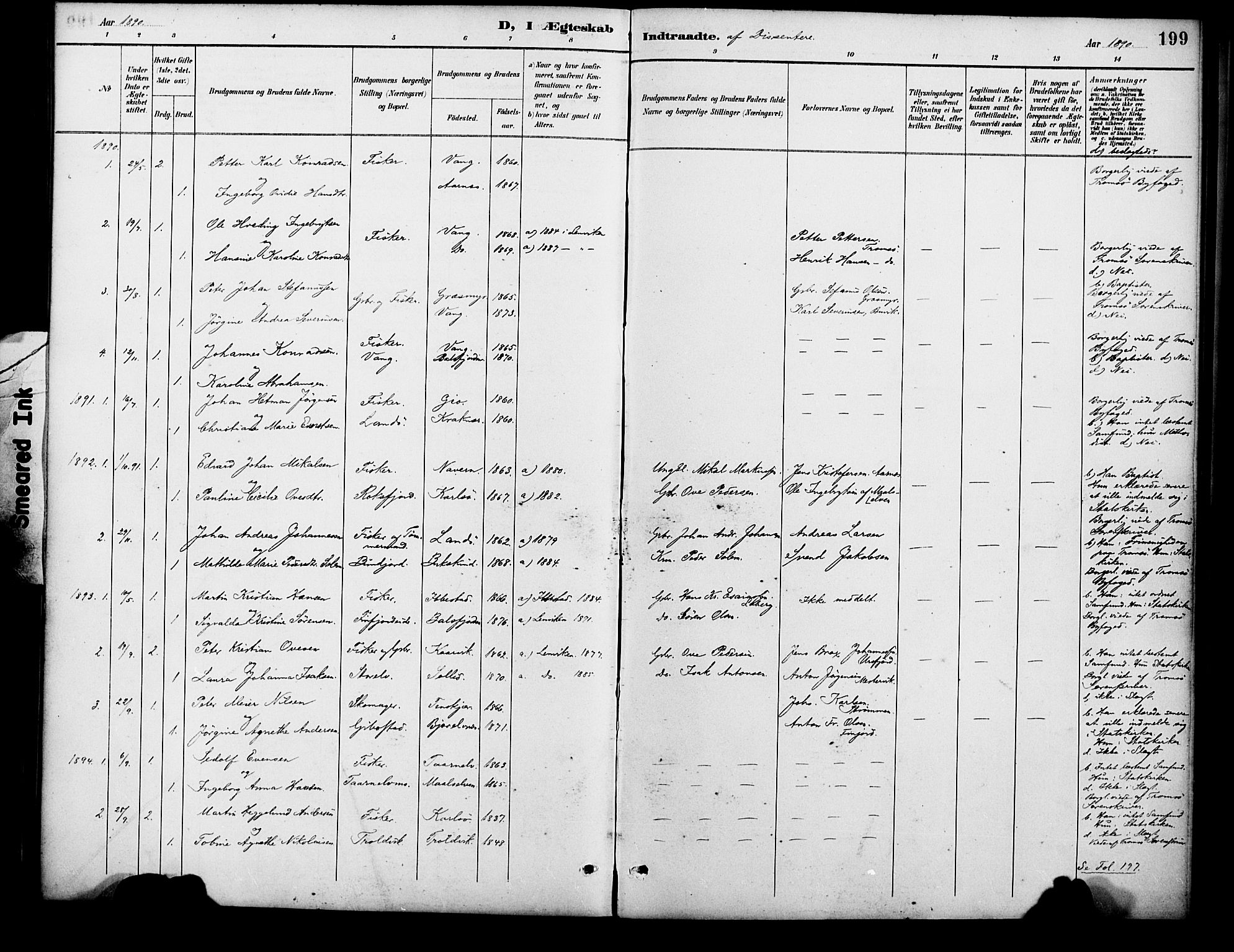 Lenvik sokneprestembete, SATØ/S-1310/H/Ha/Haa/L0013kirke: Parish register (official) no. 13, 1890-1898, p. 199