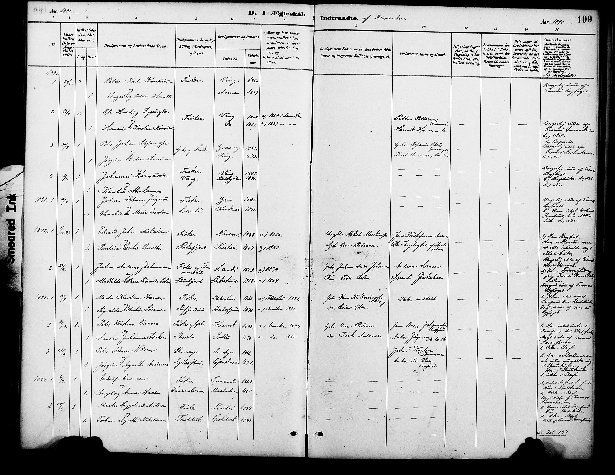 Lenvik sokneprestembete, AV/SATØ-S-1310/H/Ha/Haa/L0013kirke: Parish register (official) no. 13, 1890-1898, p. 199