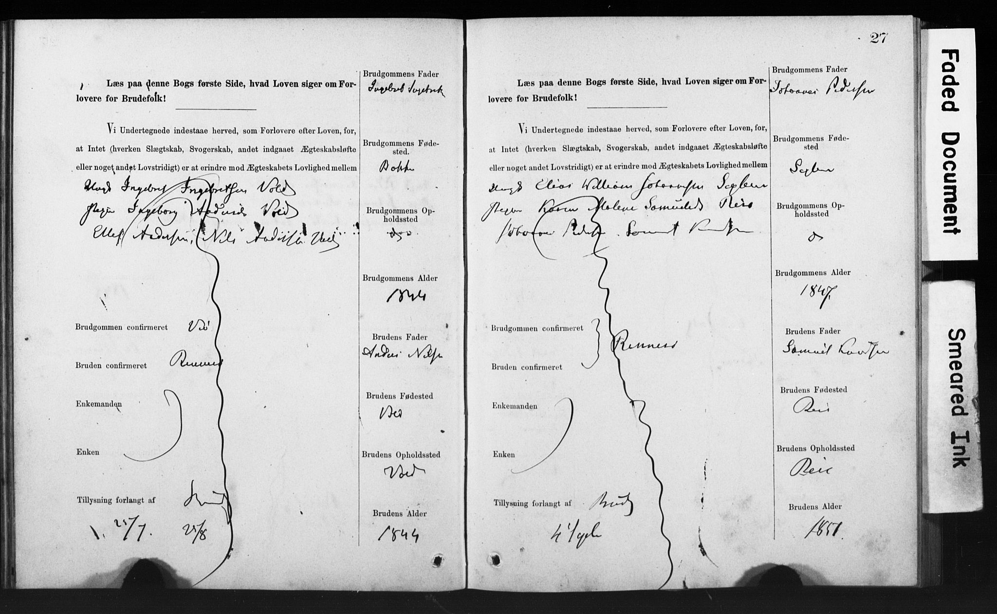 Rennesøy sokneprestkontor, AV/SAST-A -101827/I/Ie/L0001: Banns register no. 1, 1873-1898, p. 27