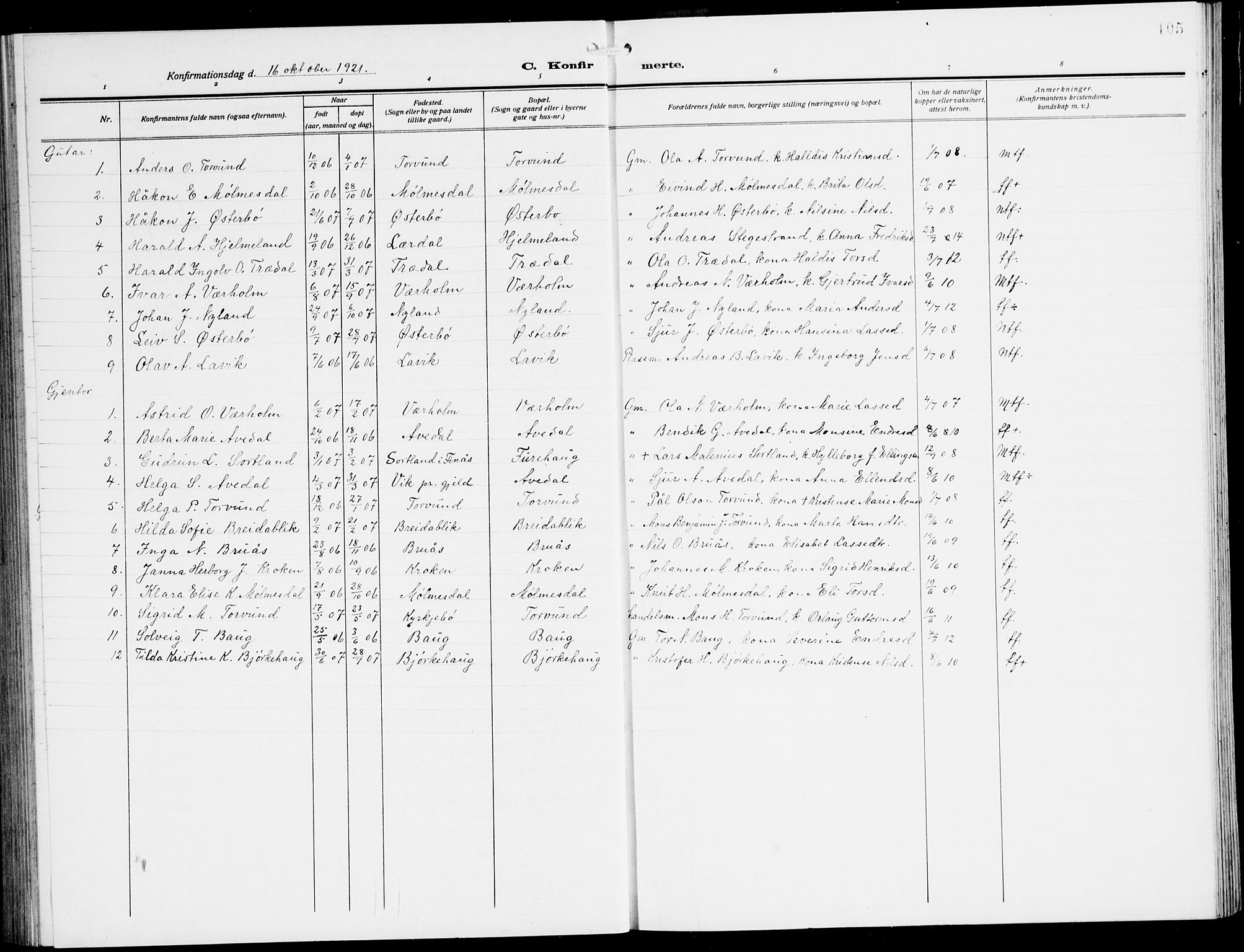 Lavik sokneprestembete, SAB/A-80901: Parish register (copy) no. A 3, 1911-1942, p. 105