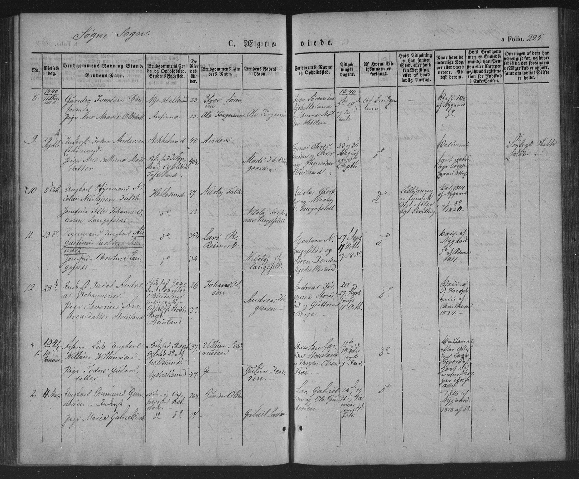 Søgne sokneprestkontor, AV/SAK-1111-0037/F/Fa/Fab/L0009: Parish register (official) no. A 9, 1838-1853, p. 225