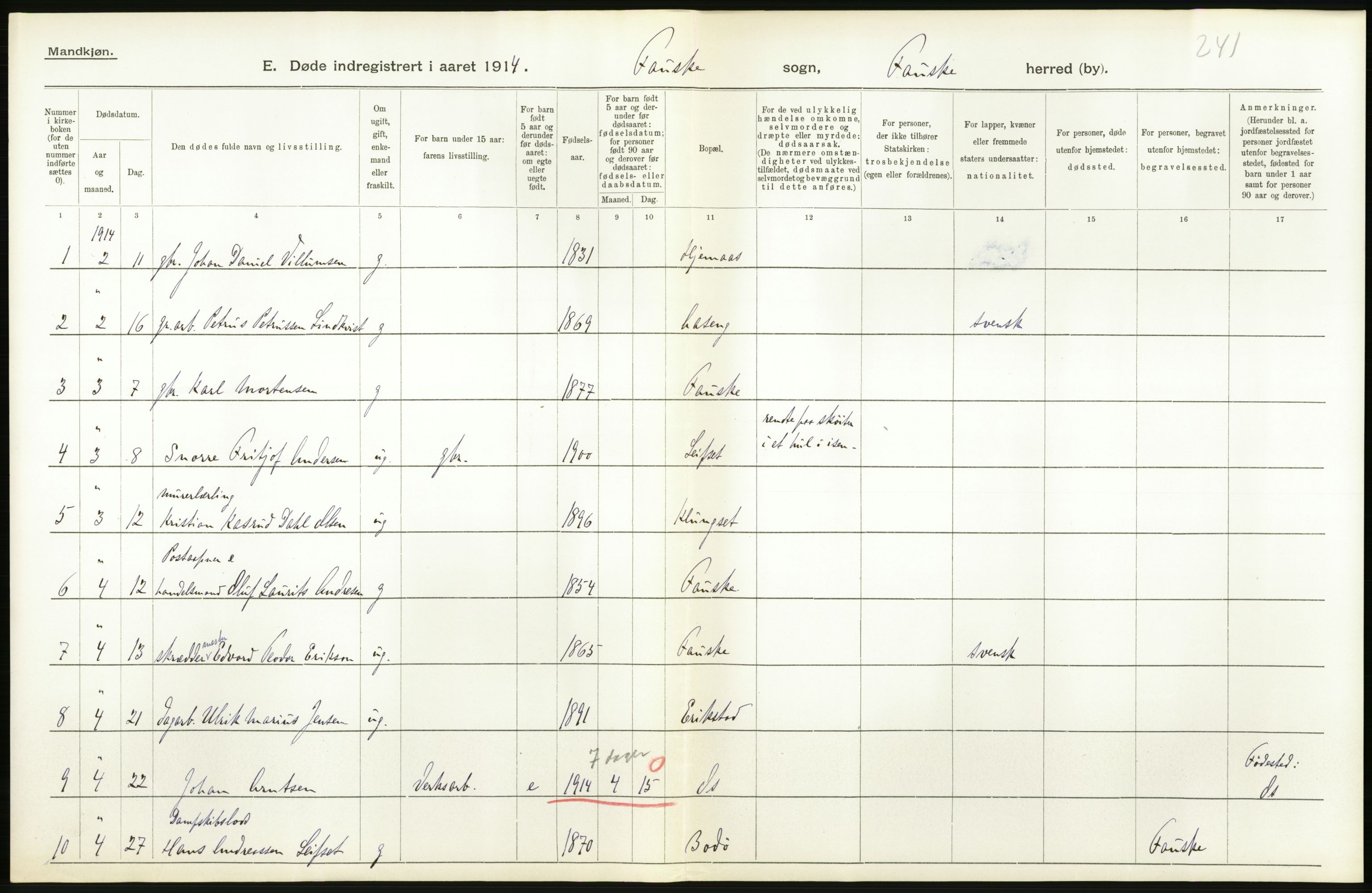 Statistisk sentralbyrå, Sosiodemografiske emner, Befolkning, AV/RA-S-2228/D/Df/Dfb/Dfbd/L0045: Nordlands amt: Døde. Bygder og byer., 1914, p. 32