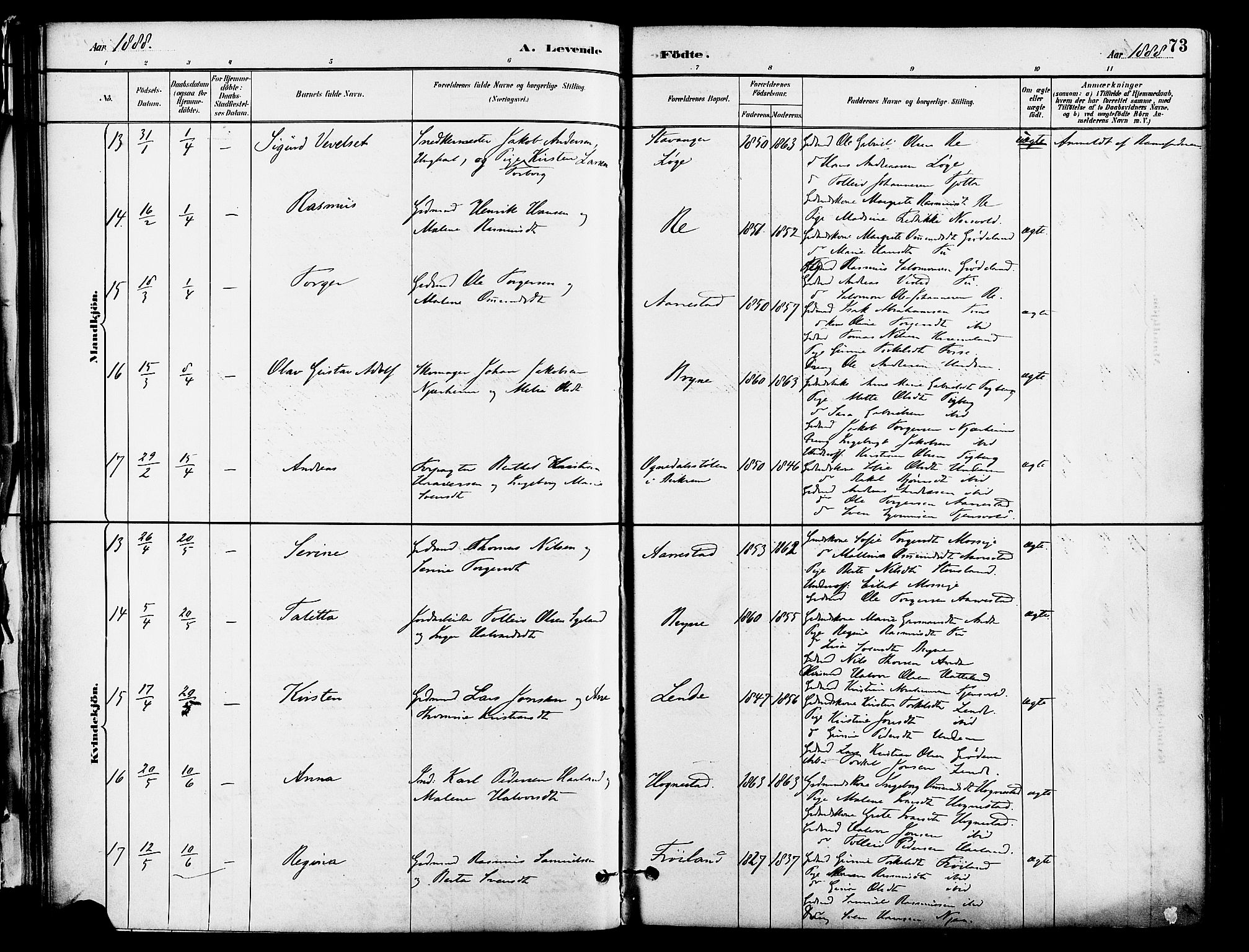 Lye sokneprestkontor, SAST/A-101794/001/30BA/L0009: Parish register (official) no. A 8, 1881-1892, p. 73