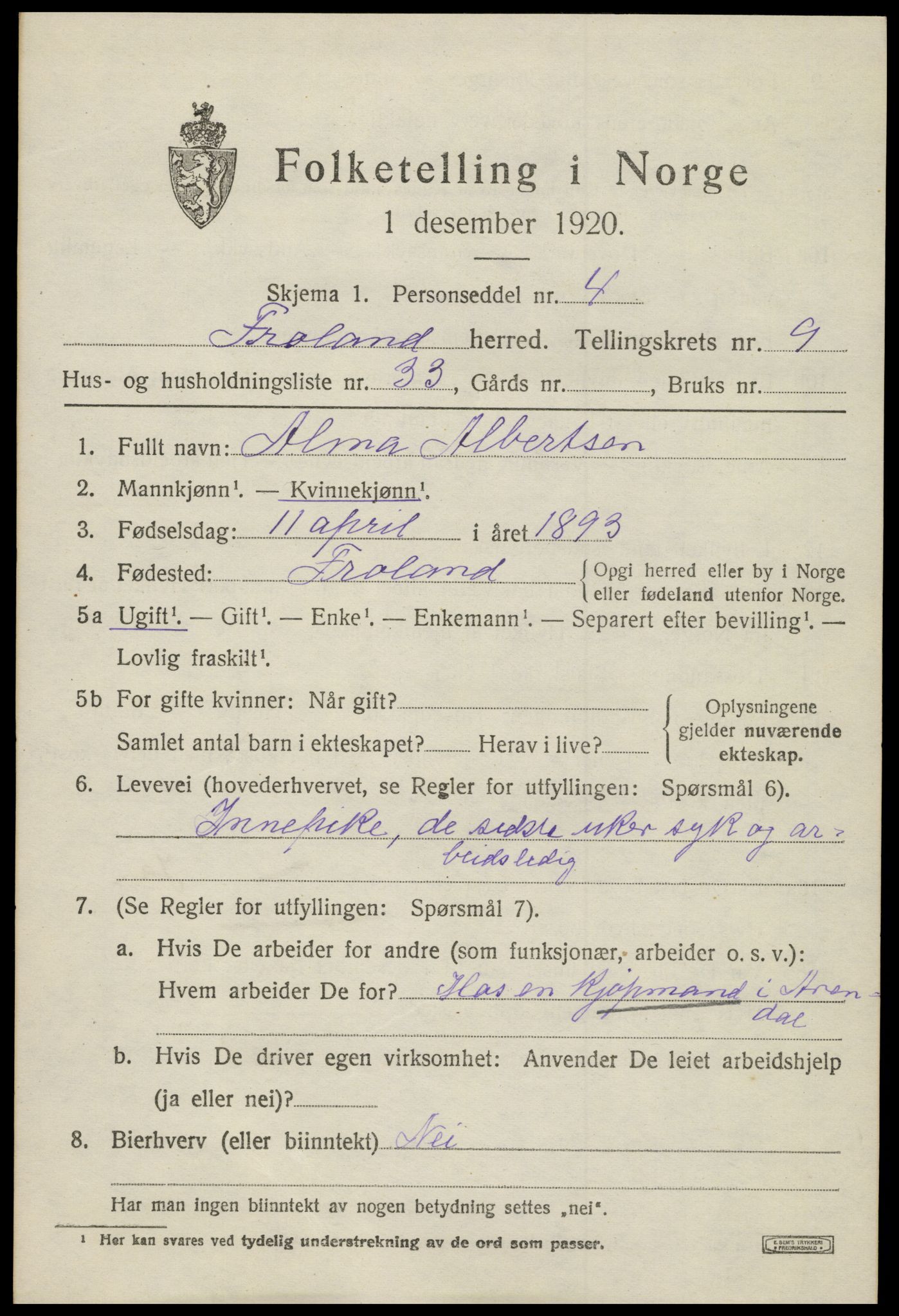 SAK, 1920 census for Froland, 1920, p. 5267