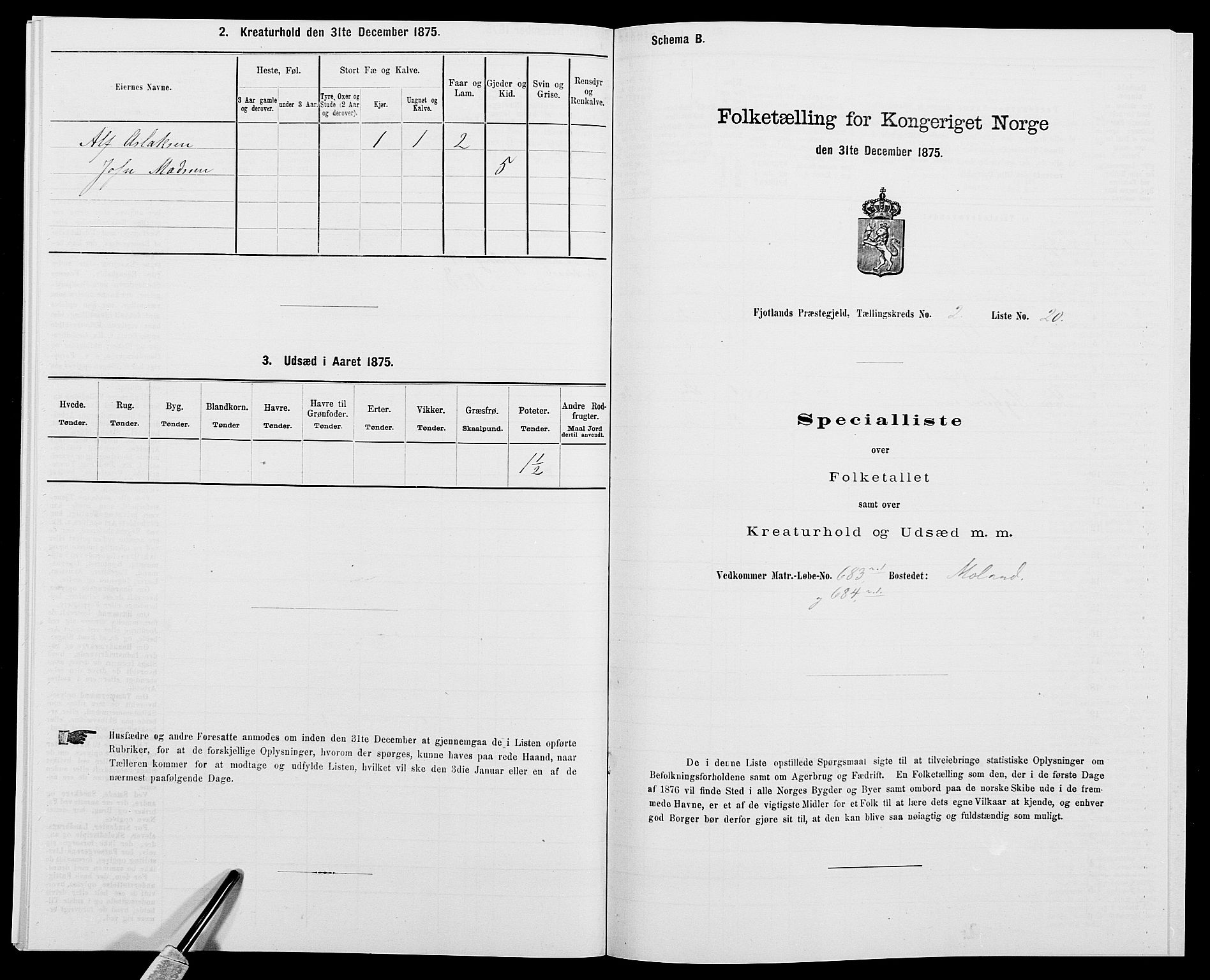 SAK, 1875 census for 1036P Fjotland, 1875, p. 152