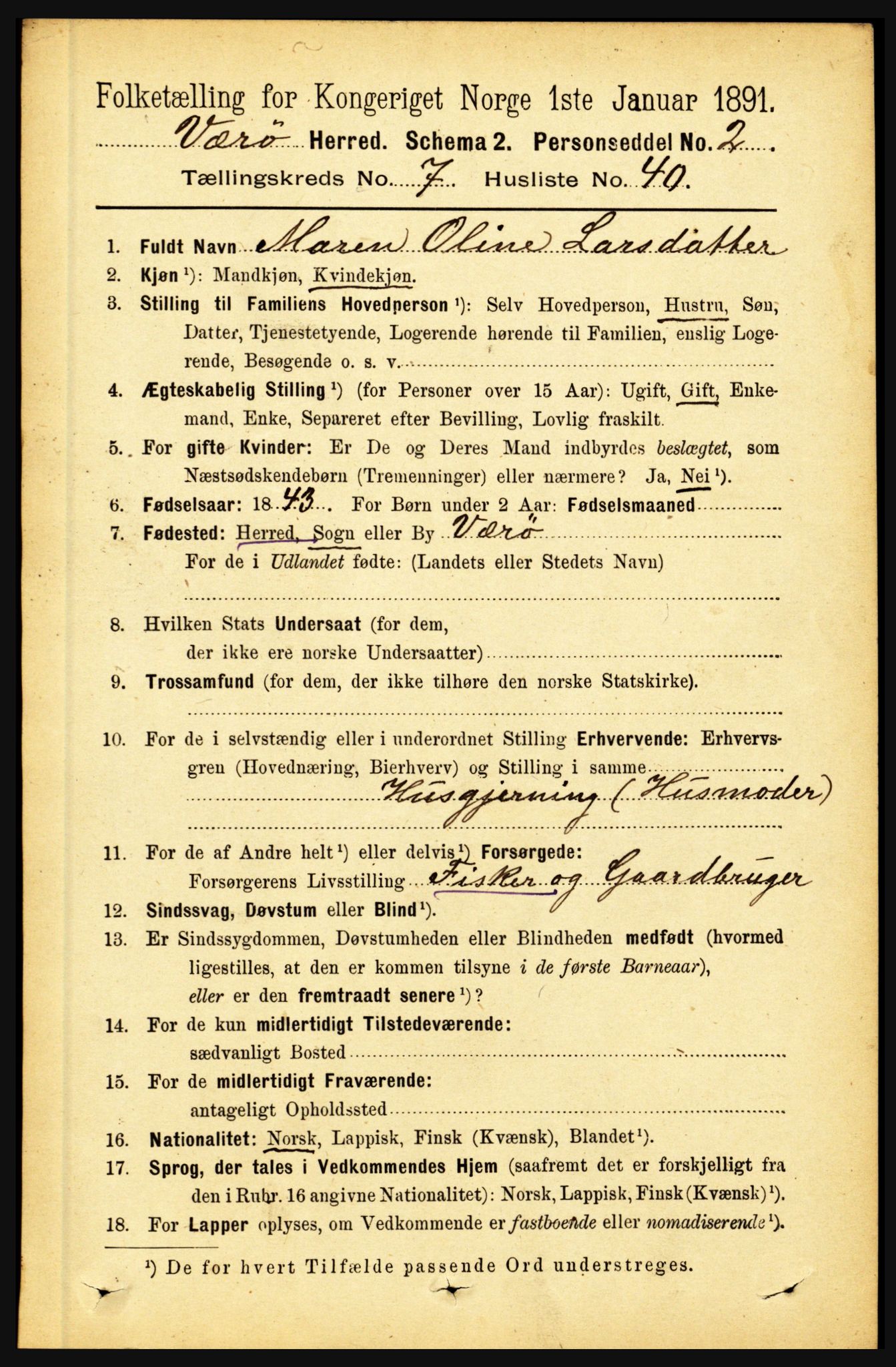 RA, 1891 census for 1857 Værøy, 1891, p. 1012