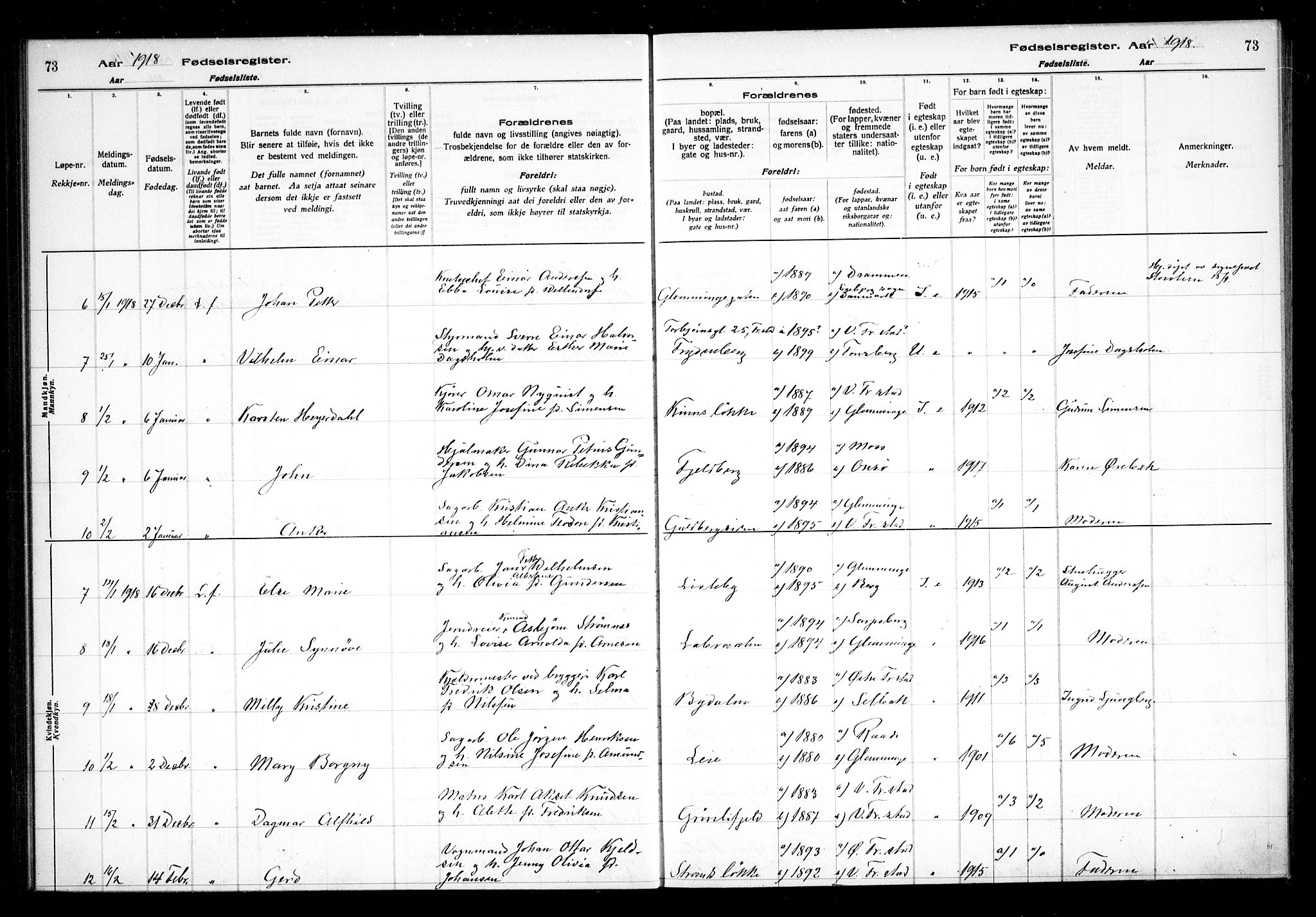 Glemmen prestekontor Kirkebøker, AV/SAO-A-10908/J/Ja/L0001: Birth register no. I 1, 1916-1922, p. 73