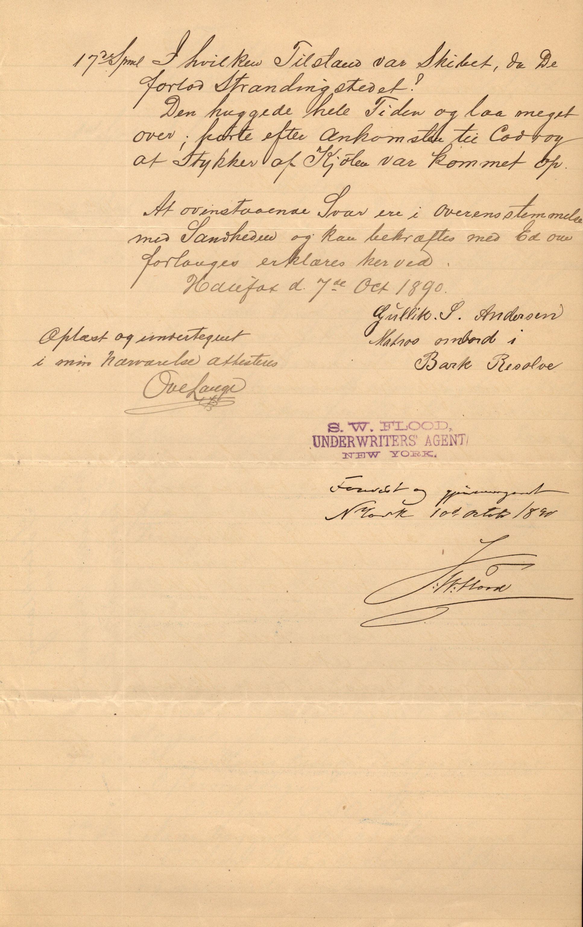 Pa 63 - Østlandske skibsassuranceforening, VEMU/A-1079/G/Ga/L0026/0009: Havaridokumenter / Rex, Resolve, Regulator, Familien, Falcon, Johanne, 1890, p. 16