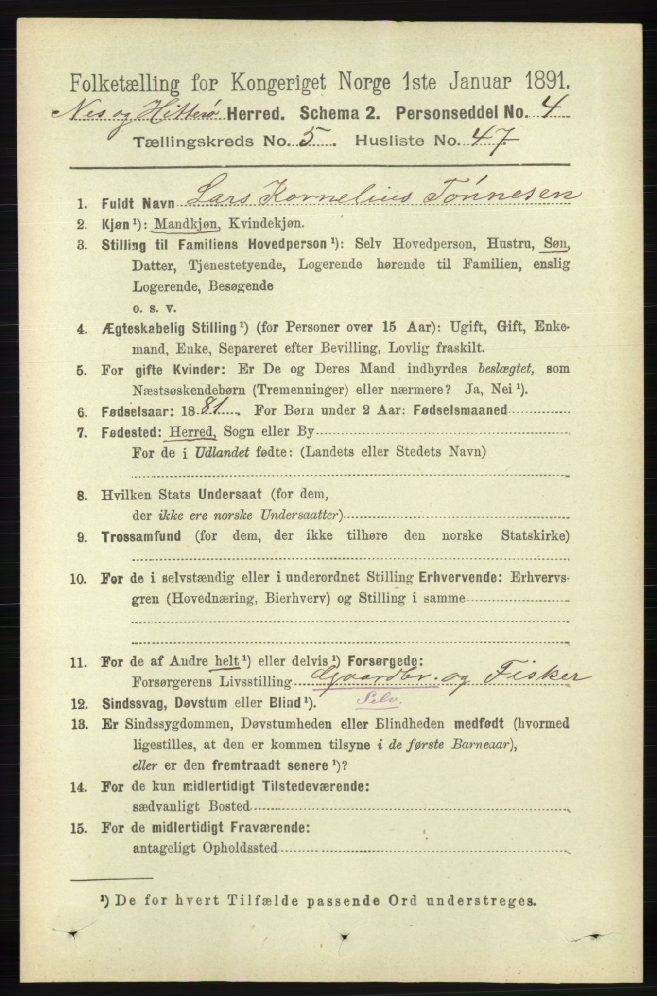 RA, 1891 census for 1043 Hidra og Nes, 1891, p. 2083