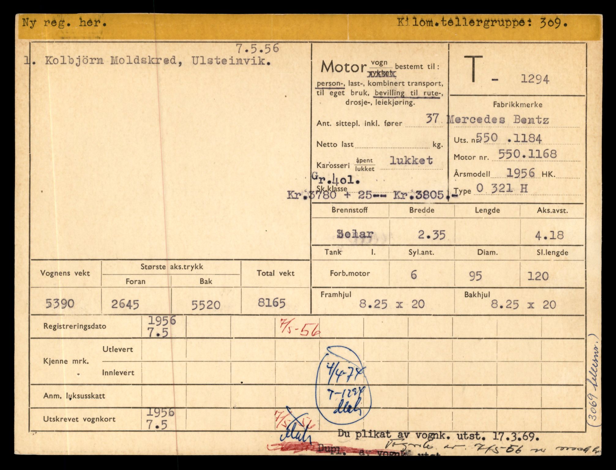 Møre og Romsdal vegkontor - Ålesund trafikkstasjon, AV/SAT-A-4099/F/Fe/L0012: Registreringskort for kjøretøy T 1290 - T 1450, 1927-1998, p. 95