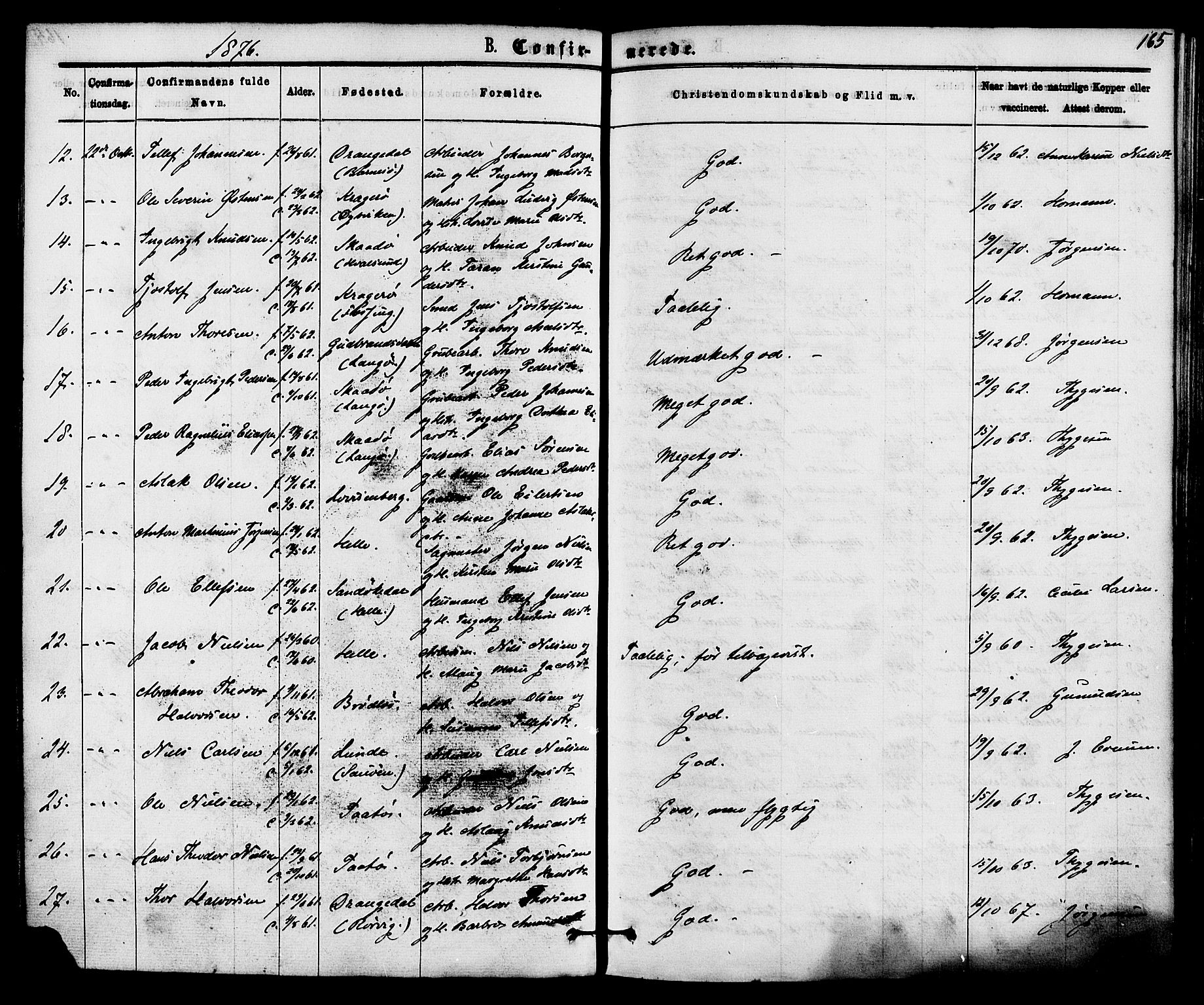 Skåtøy kirkebøker, SAKO/A-304/F/Fa/L0001: Parish register (official) no. I 1, 1874-1883, p. 165