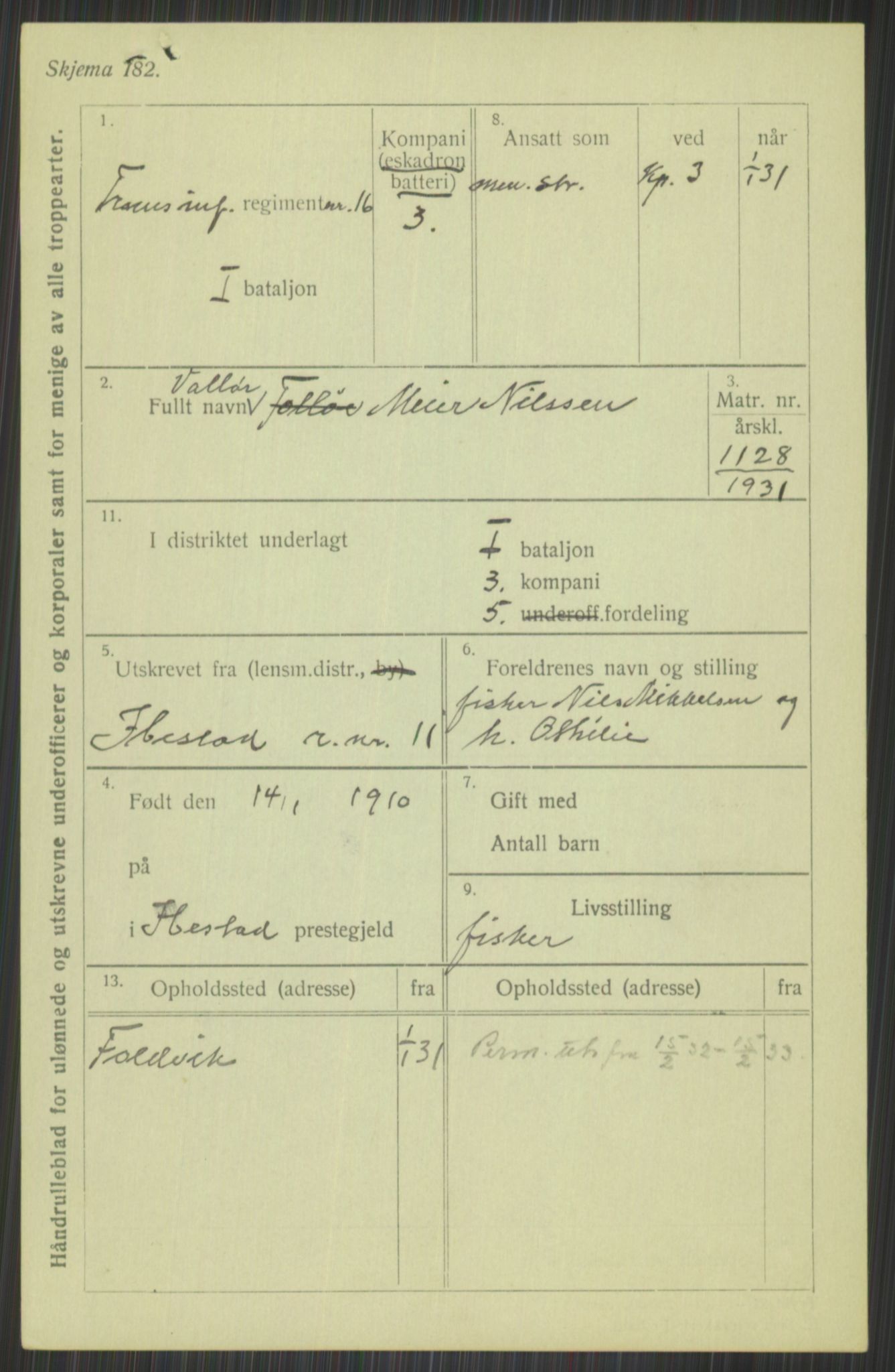 Forsvaret, Troms infanteriregiment nr. 16, AV/RA-RAFA-3146/P/Pa/L0015: Rulleblad for regimentets menige mannskaper, årsklasse 1931, 1931, p. 851