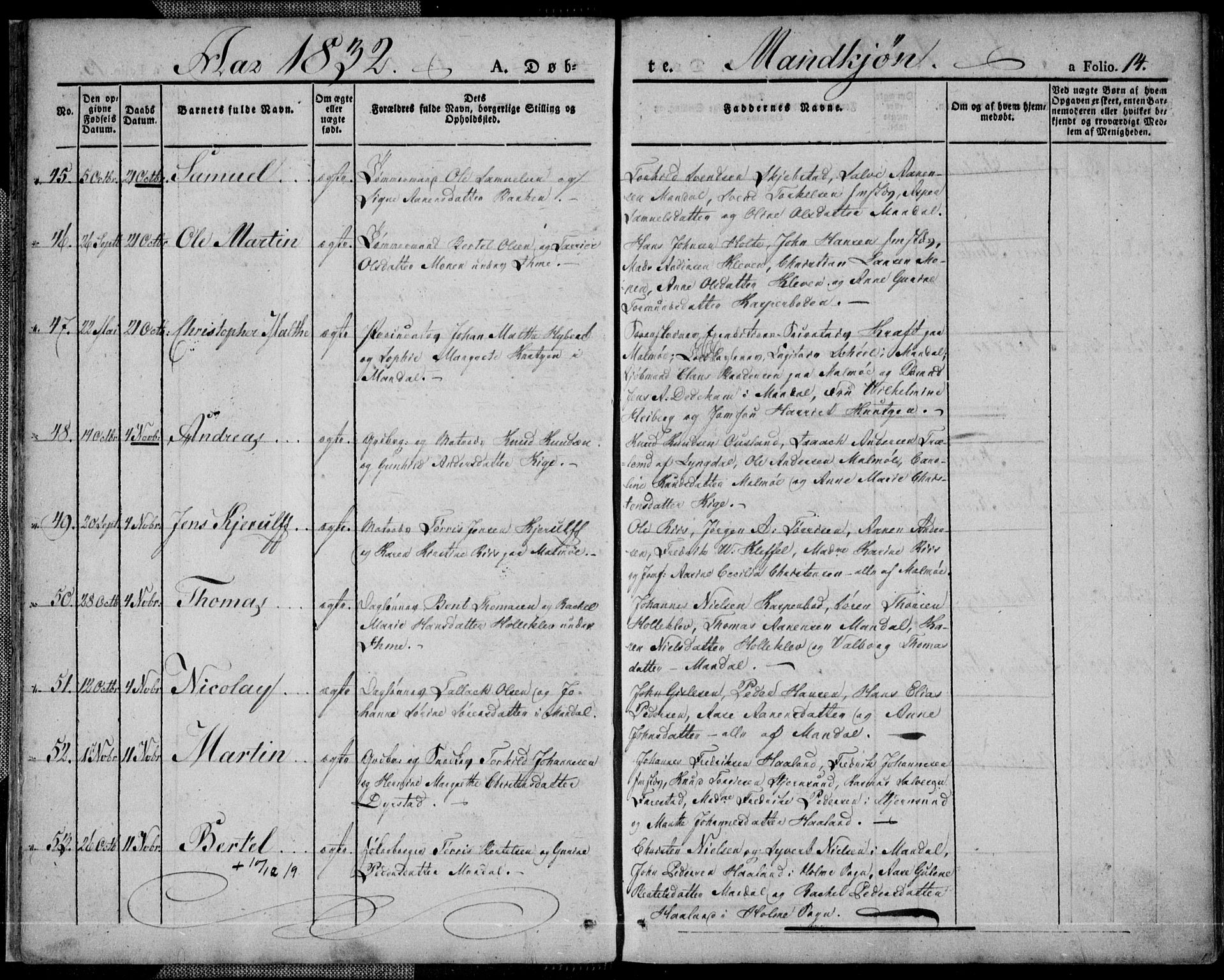 Mandal sokneprestkontor, AV/SAK-1111-0030/F/Fa/Faa/L0011: Parish register (official) no. A 11, 1830-1839, p. 14