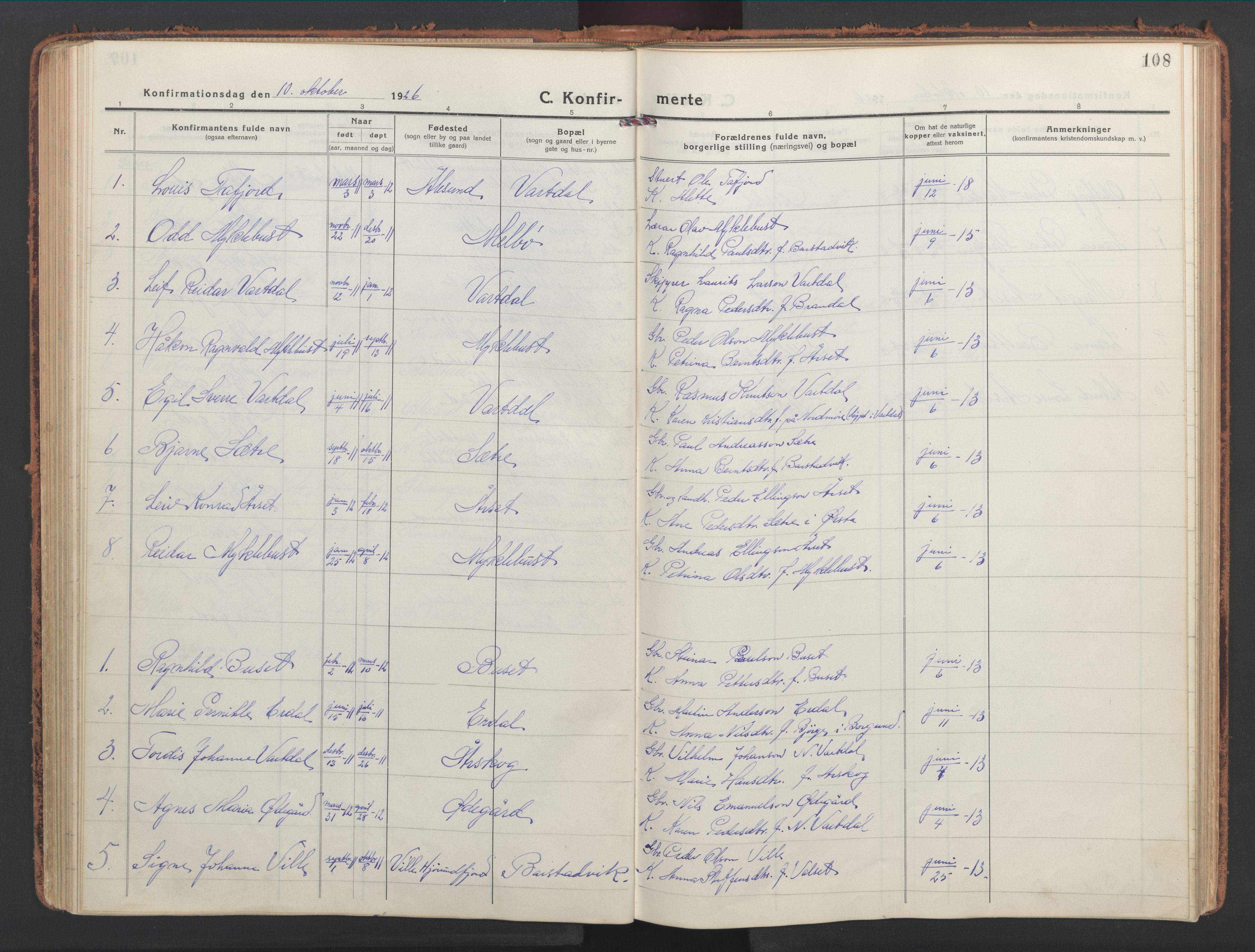 Ministerialprotokoller, klokkerbøker og fødselsregistre - Møre og Romsdal, AV/SAT-A-1454/514/L0202: Parish register (copy) no. 514C02, 1916-1944, p. 108