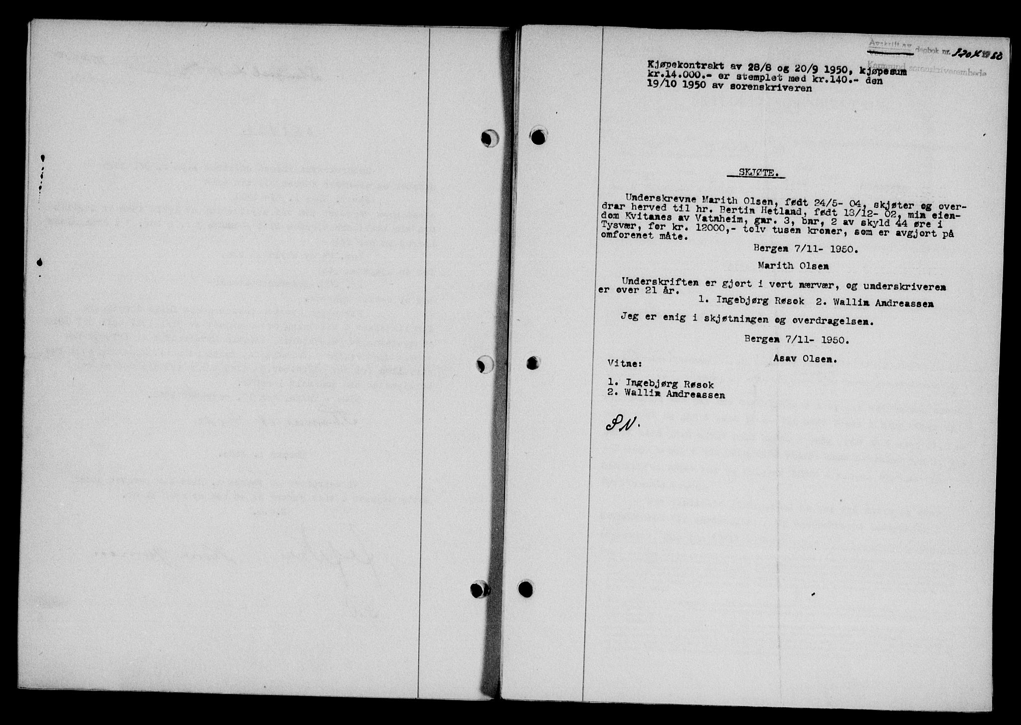 Karmsund sorenskriveri, SAST/A-100311/01/II/IIB/L0101: Mortgage book no. 81A, 1950-1951, Diary no: : 3204/1950