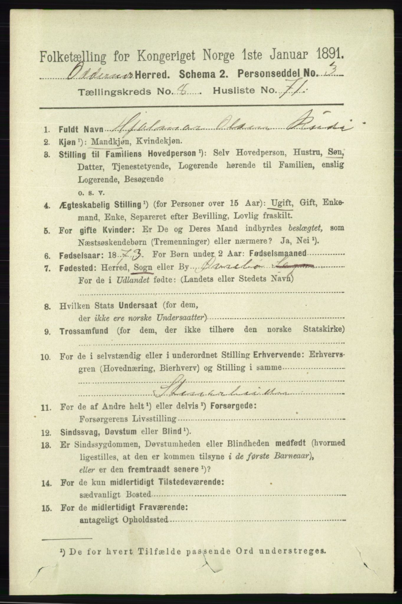 RA, 1891 census for 1012 Oddernes, 1891, p. 3172