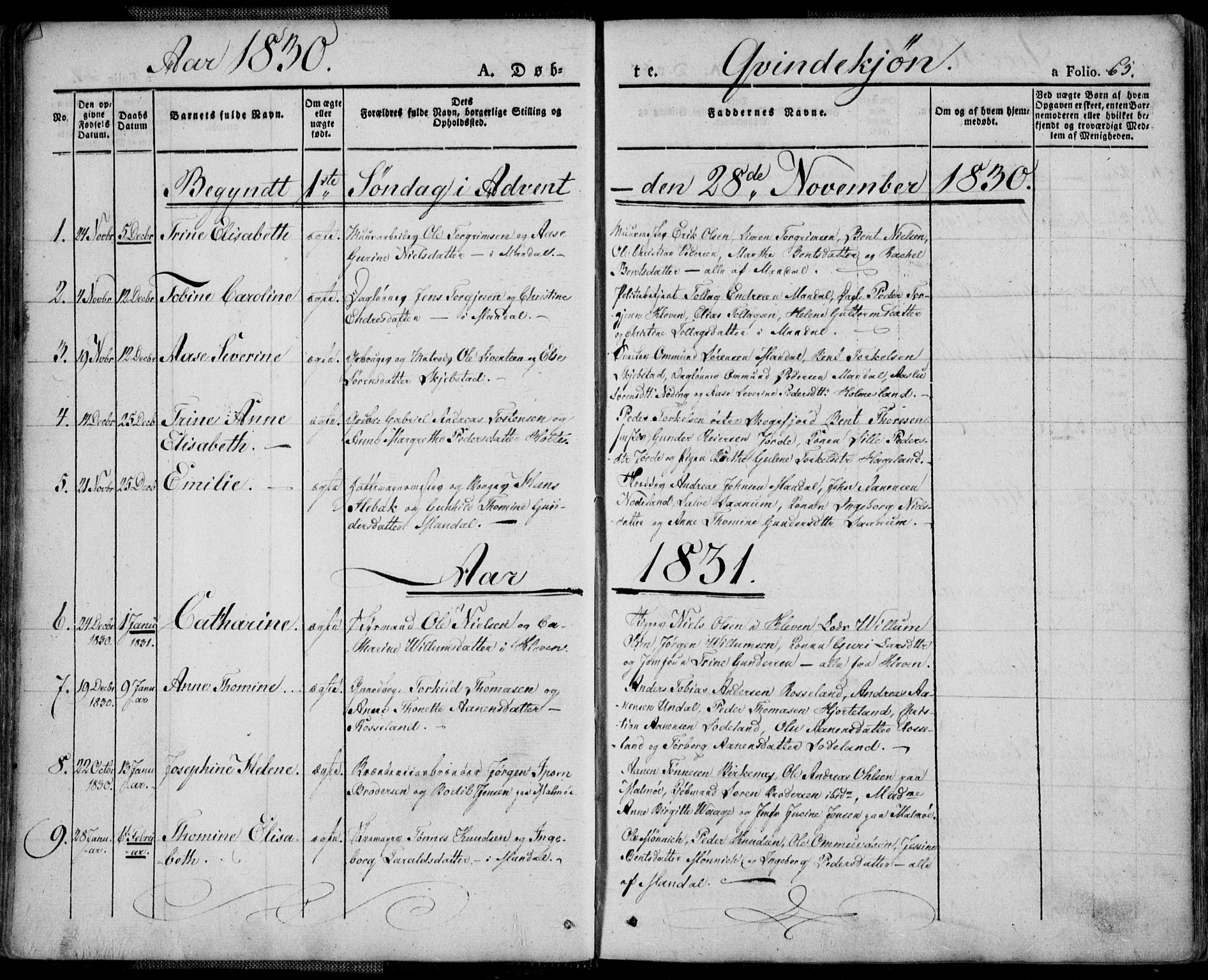 Mandal sokneprestkontor, SAK/1111-0030/F/Fa/Faa/L0011: Parish register (official) no. A 11, 1830-1839, p. 65