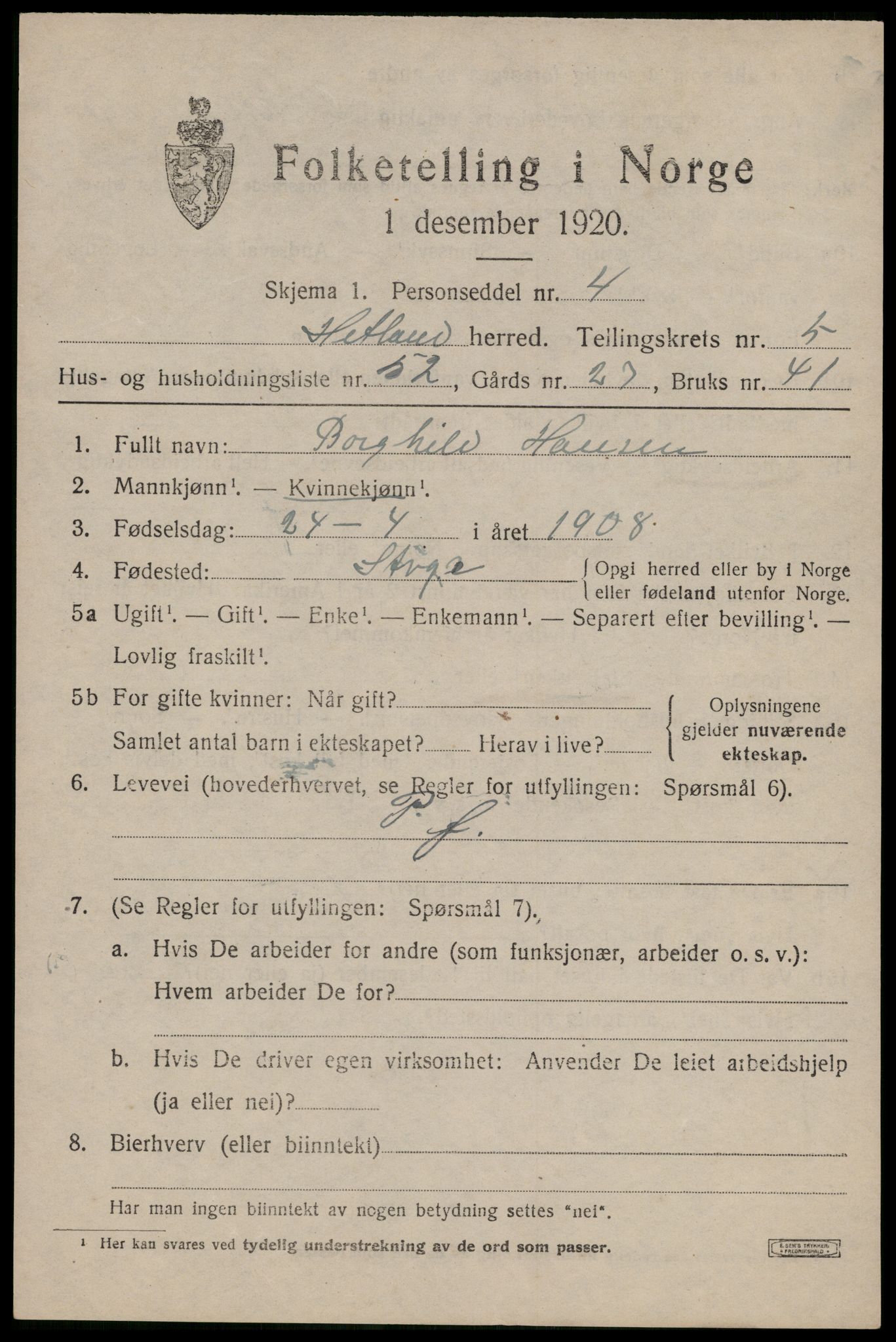 SAST, 1920 census for Hetland, 1920, p. 9097