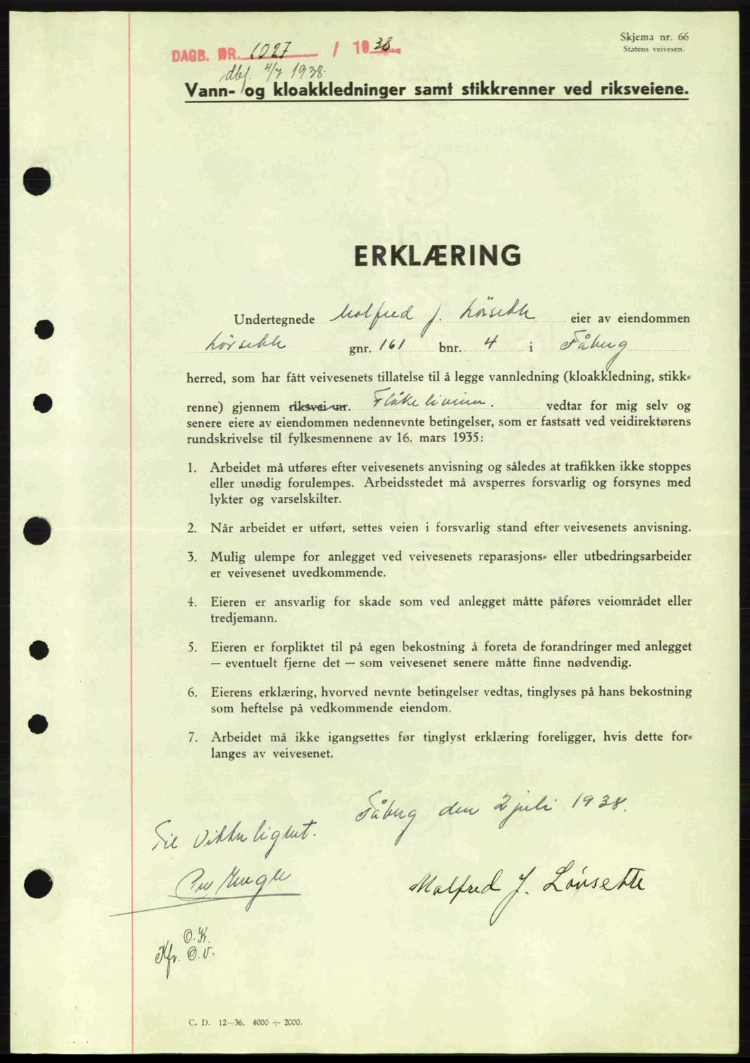 Sør-Gudbrandsdal tingrett, SAH/TING-004/H/Hb/Hbe/L0001: Mortgage book no. B1, 1936-1939, Diary no: : 1027/1938
