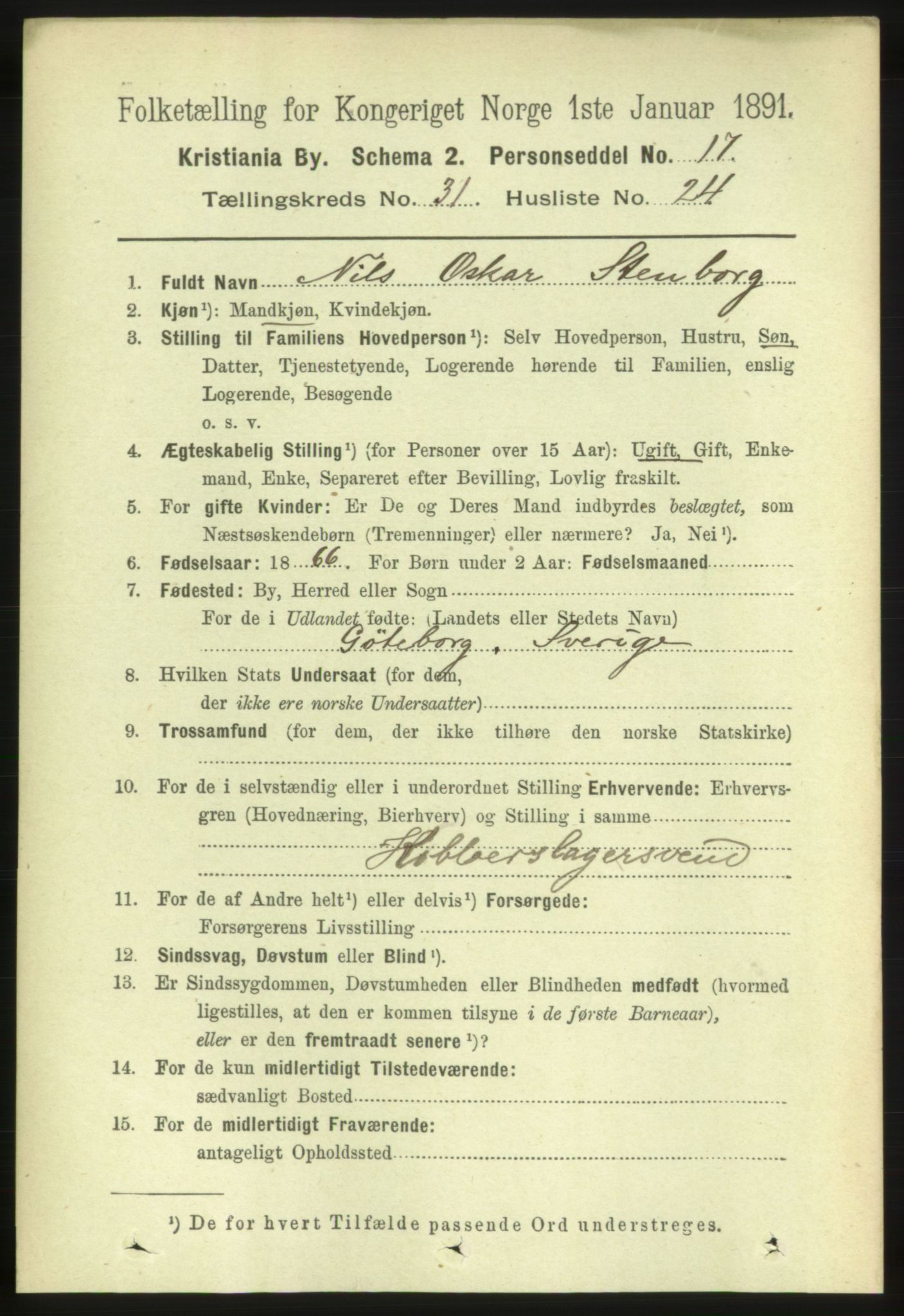 RA, 1891 census for 0301 Kristiania, 1891, p. 16678