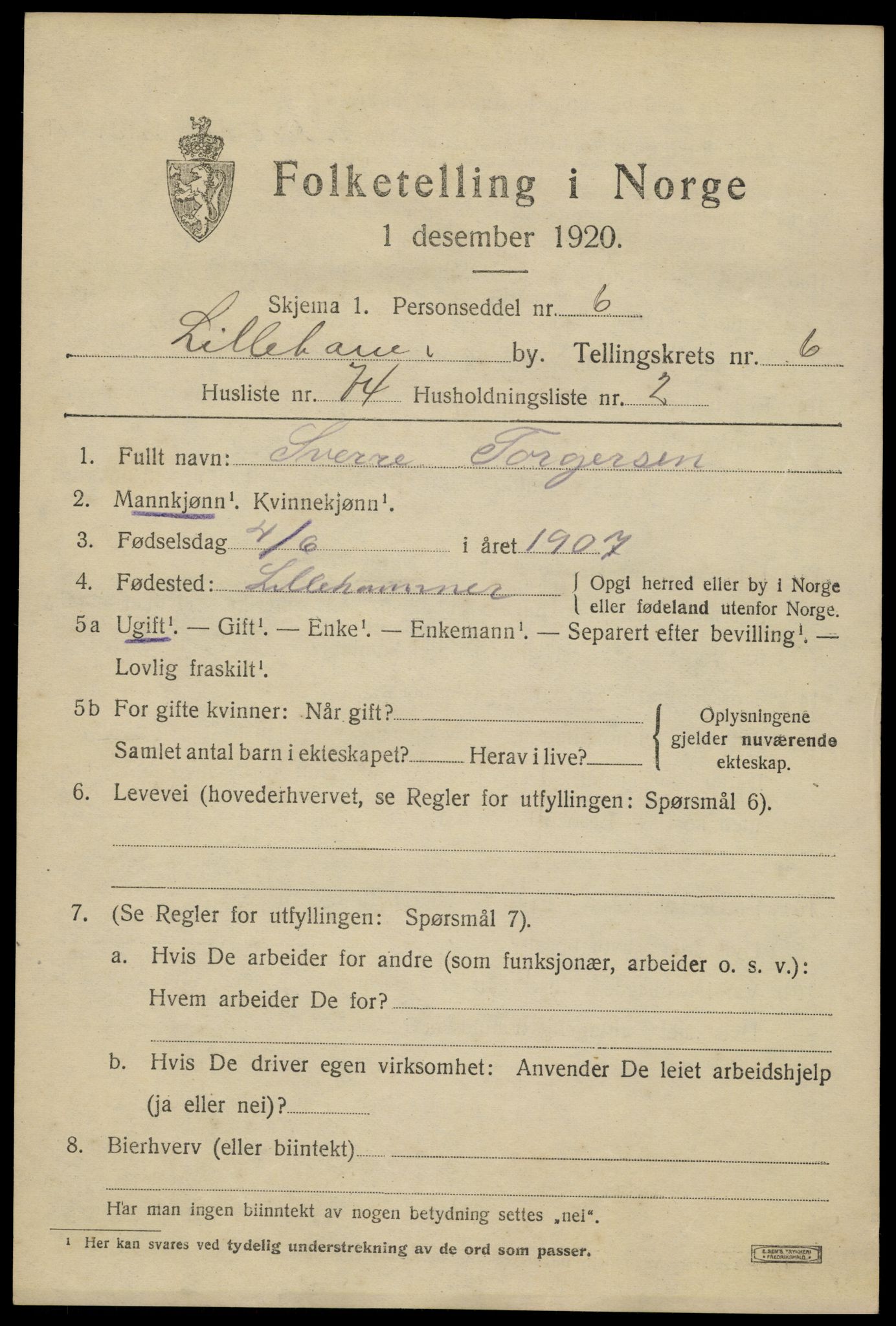SAH, 1920 census for Lillehammer, 1920, p. 9406