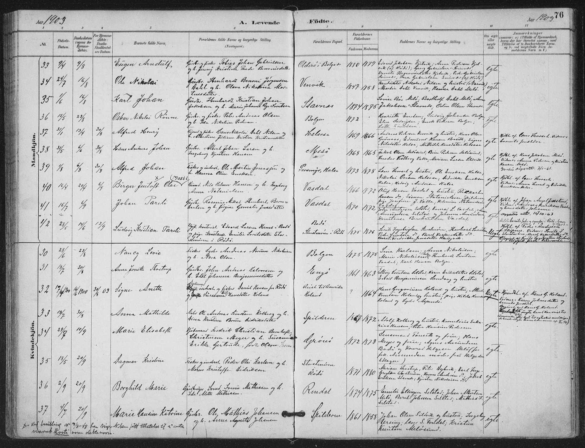 Ministerialprotokoller, klokkerbøker og fødselsregistre - Nordland, SAT/A-1459/843/L0628: Parish register (official) no. 843A03, 1889-1907, p. 76