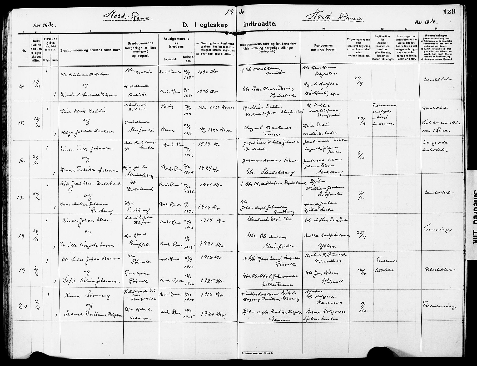 Ministerialprotokoller, klokkerbøker og fødselsregistre - Nordland, AV/SAT-A-1459/827/L0424: Parish register (copy) no. 827C13, 1921-1930, p. 129