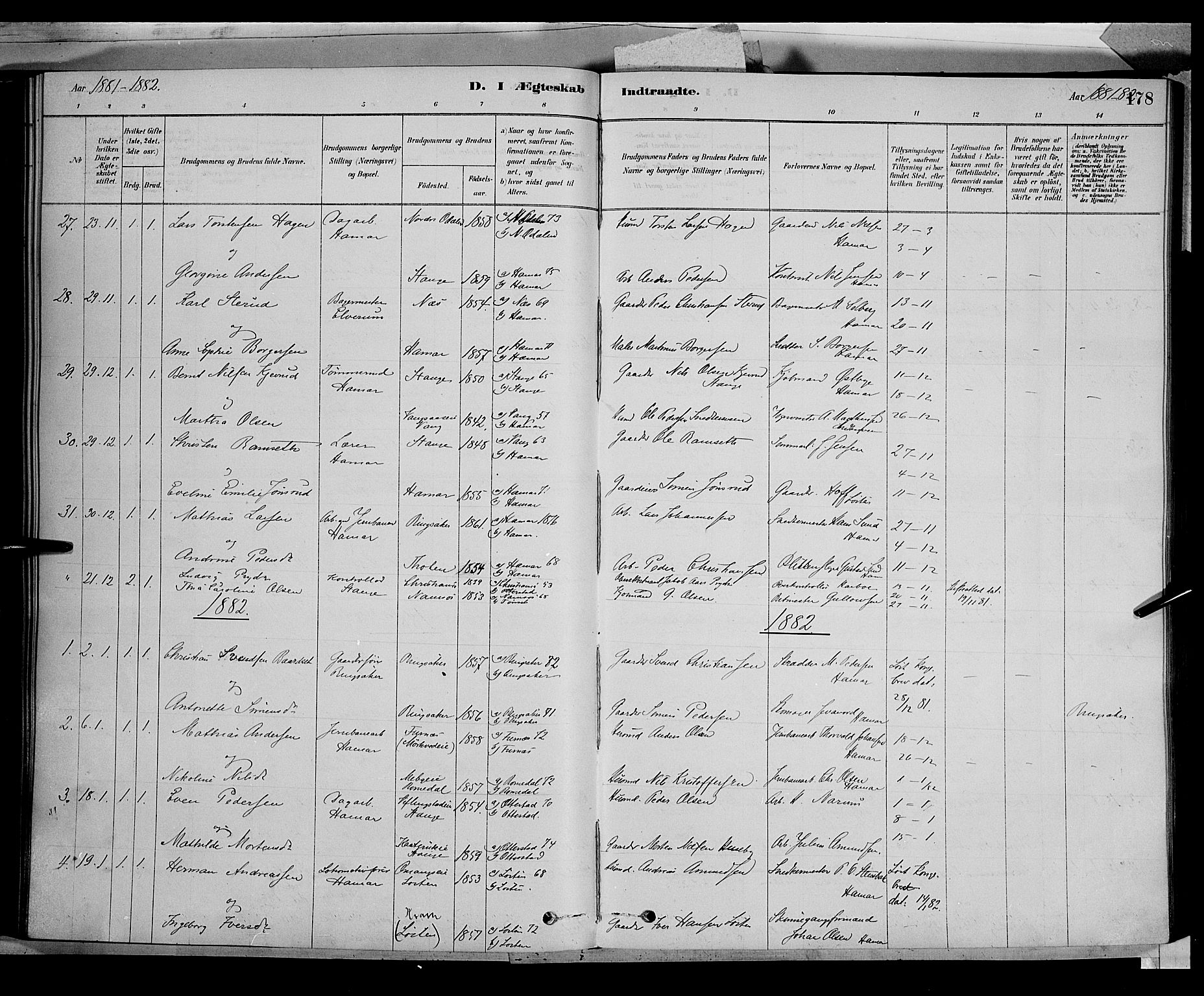 Vang prestekontor, Hedmark, SAH/PREST-008/H/Ha/Haa/L0016: Parish register (official) no. 16, 1878-1889, p. 178