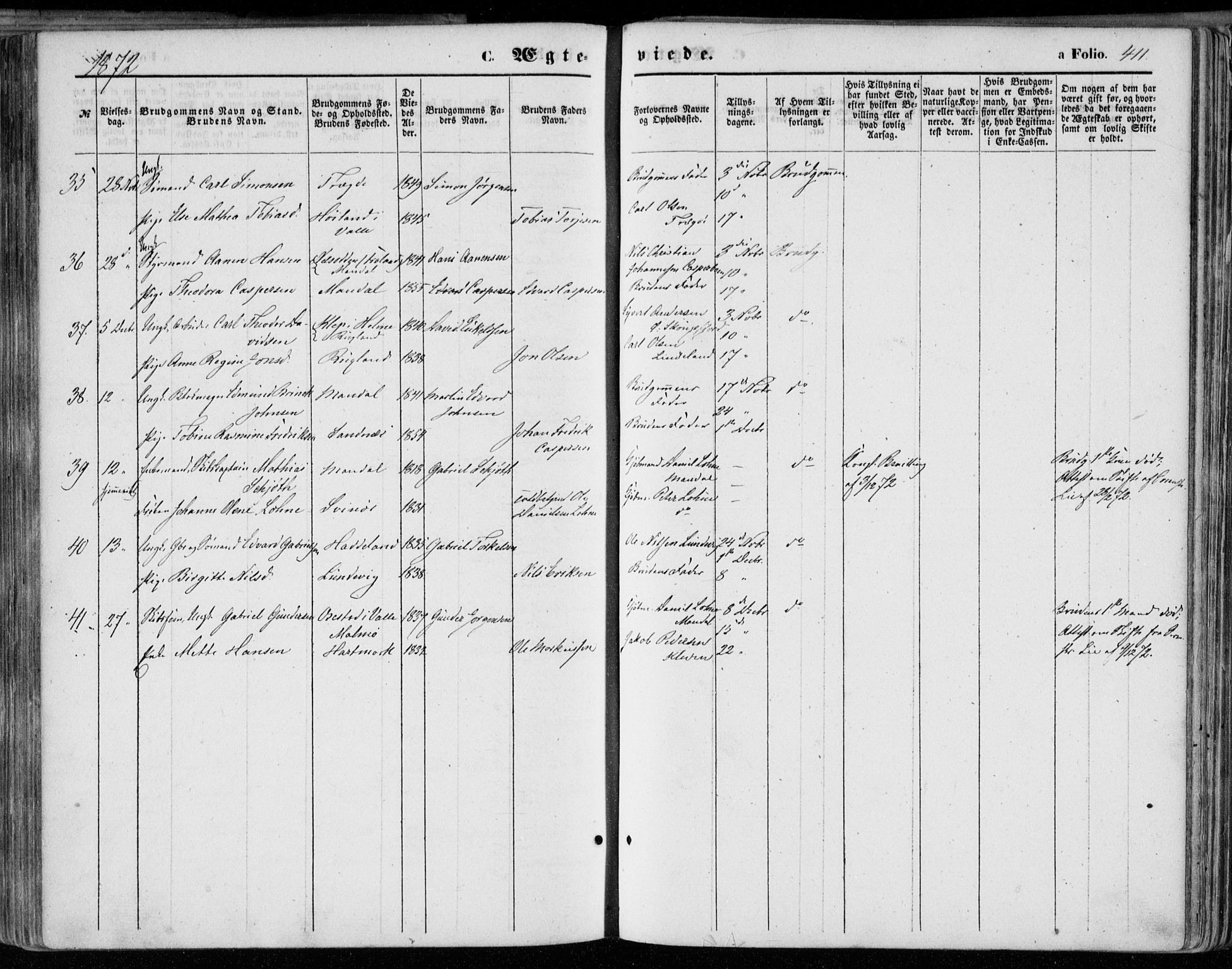 Mandal sokneprestkontor, AV/SAK-1111-0030/F/Fa/Faa/L0014: Parish register (official) no. A 14, 1859-1872, p. 411