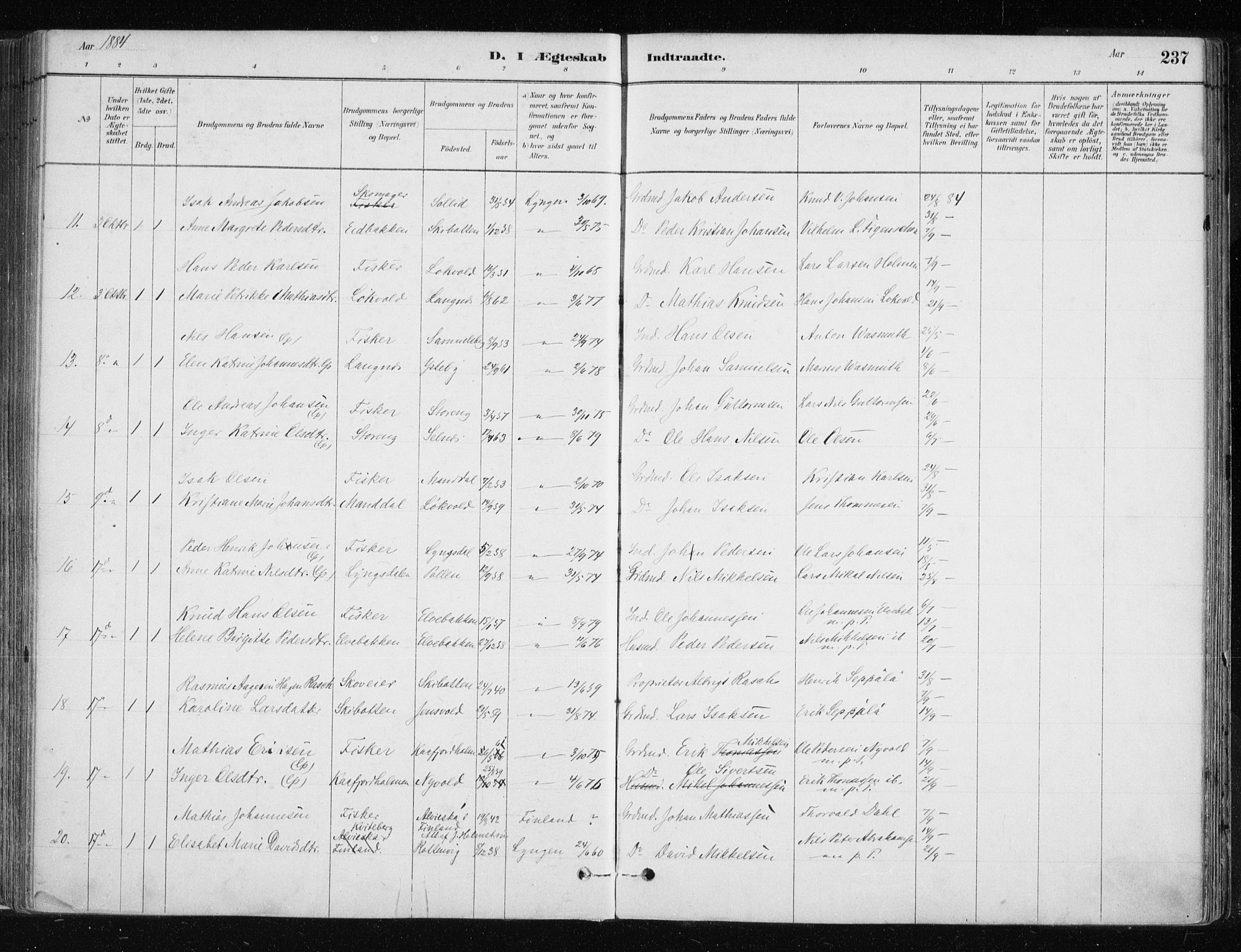 Lyngen sokneprestembete, AV/SATØ-S-1289/H/He/Hea/L0007kirke: Parish register (official) no. 7, 1879-1890, p. 237