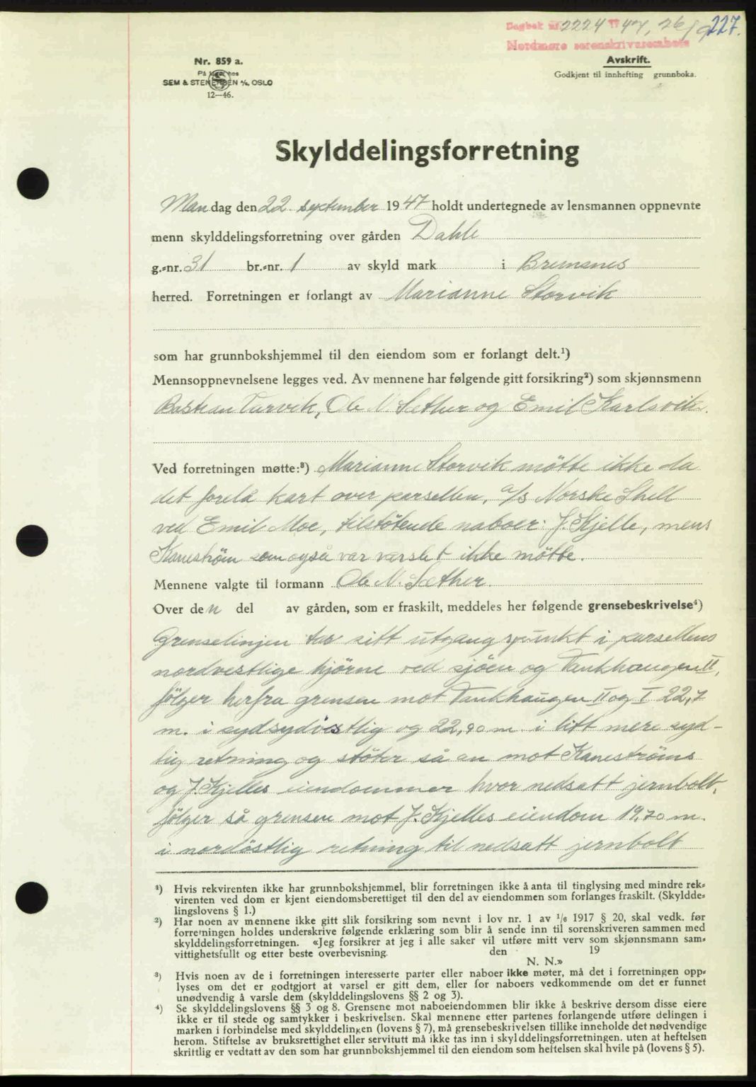 Nordmøre sorenskriveri, AV/SAT-A-4132/1/2/2Ca: Mortgage book no. A106, 1947-1947, Diary no: : 2224/1947