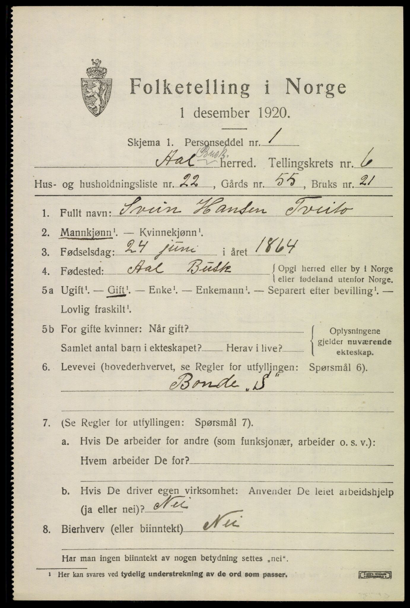 SAKO, 1920 census for Ål, 1920, p. 4580