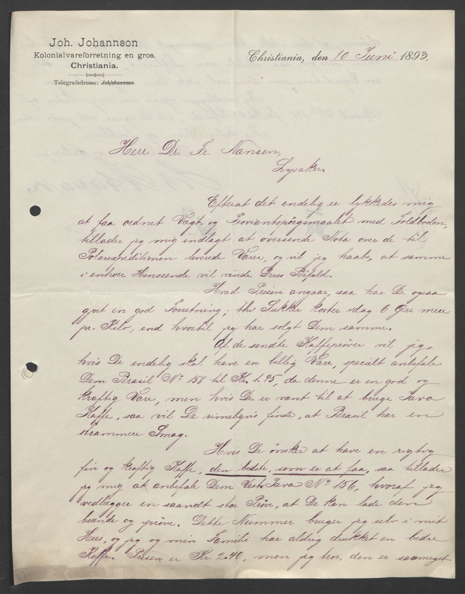 Arbeidskomitéen for Fridtjof Nansens polarekspedisjon, RA/PA-0061/D/L0004: Innk. brev og telegrammer vedr. proviant og utrustning, 1892-1893, p. 715