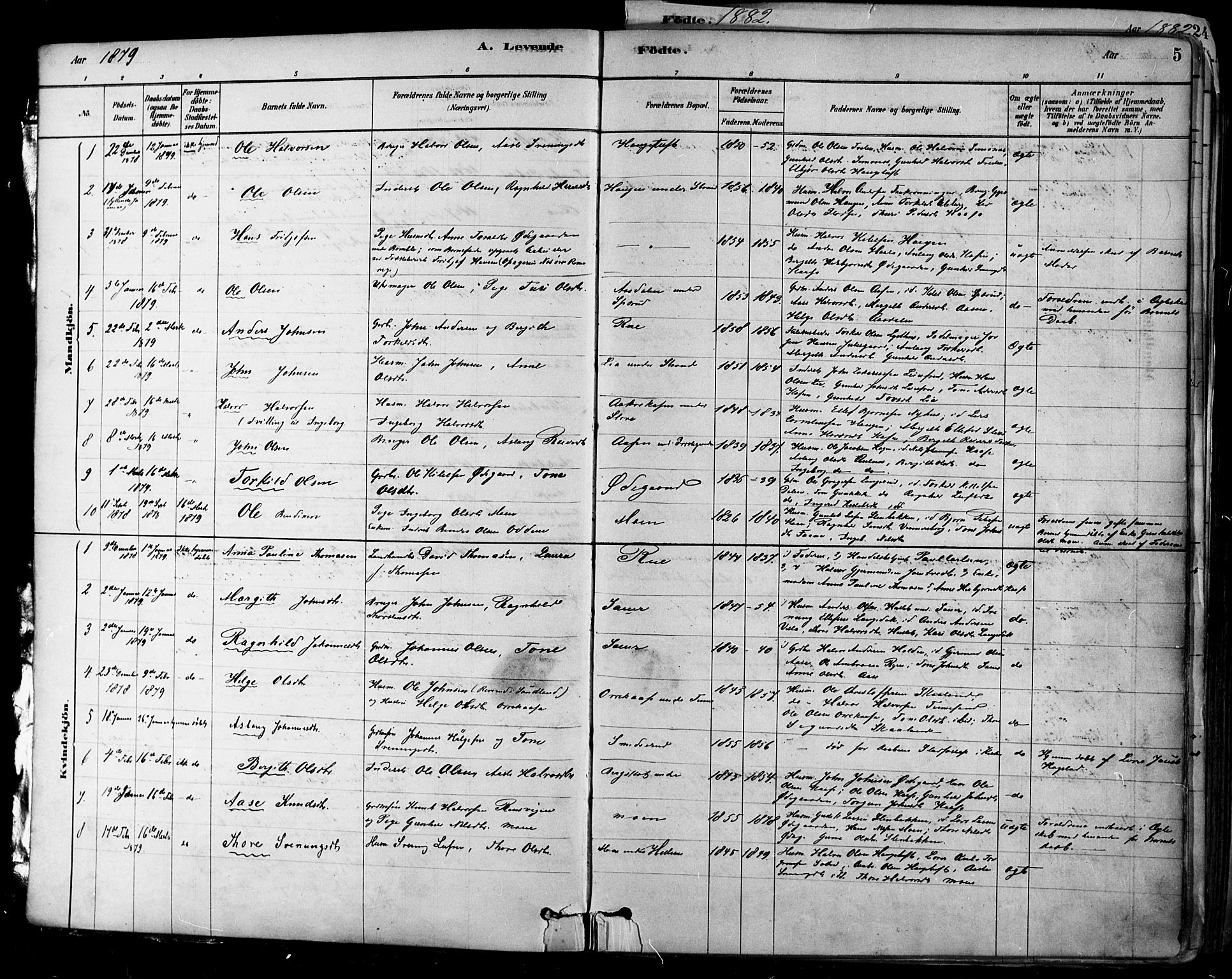 Heddal kirkebøker, SAKO/A-268/F/Fa/L0008: Parish register (official) no. I 8, 1878-1903, p. 5