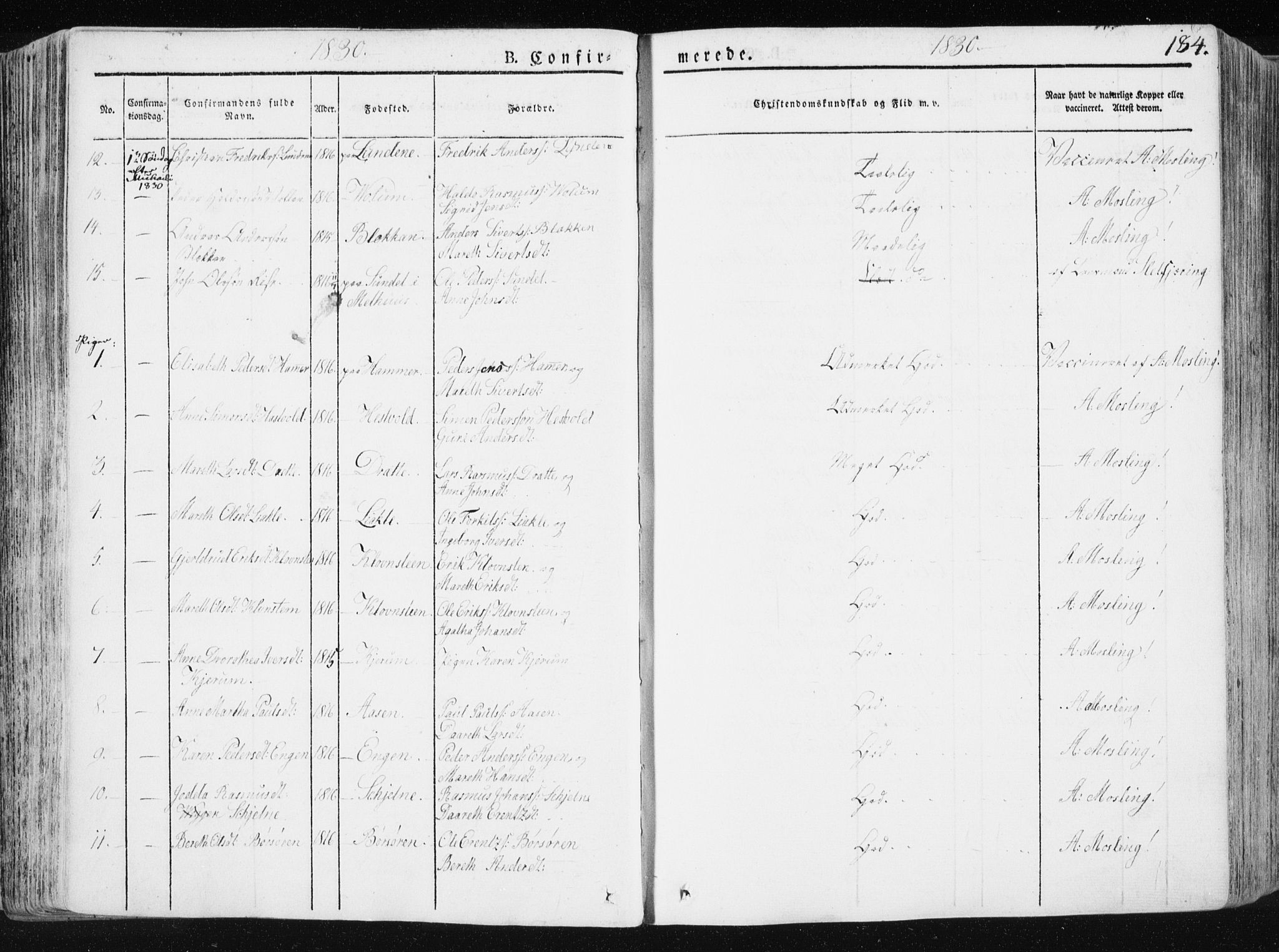 Ministerialprotokoller, klokkerbøker og fødselsregistre - Sør-Trøndelag, AV/SAT-A-1456/665/L0771: Parish register (official) no. 665A06, 1830-1856, p. 184