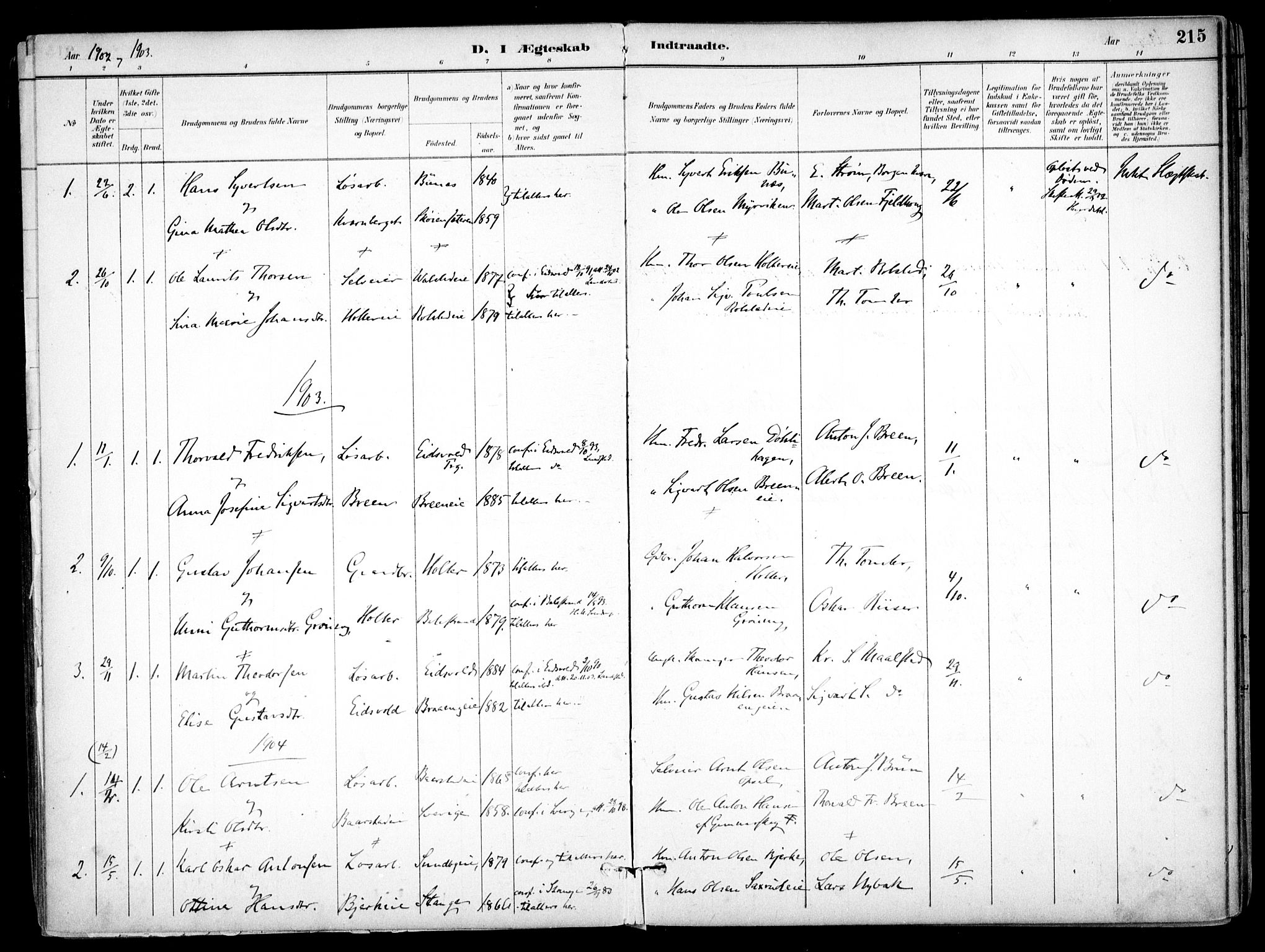 Nes prestekontor Kirkebøker, AV/SAO-A-10410/F/Fb/L0002: Parish register (official) no. II 2, 1883-1918, p. 215