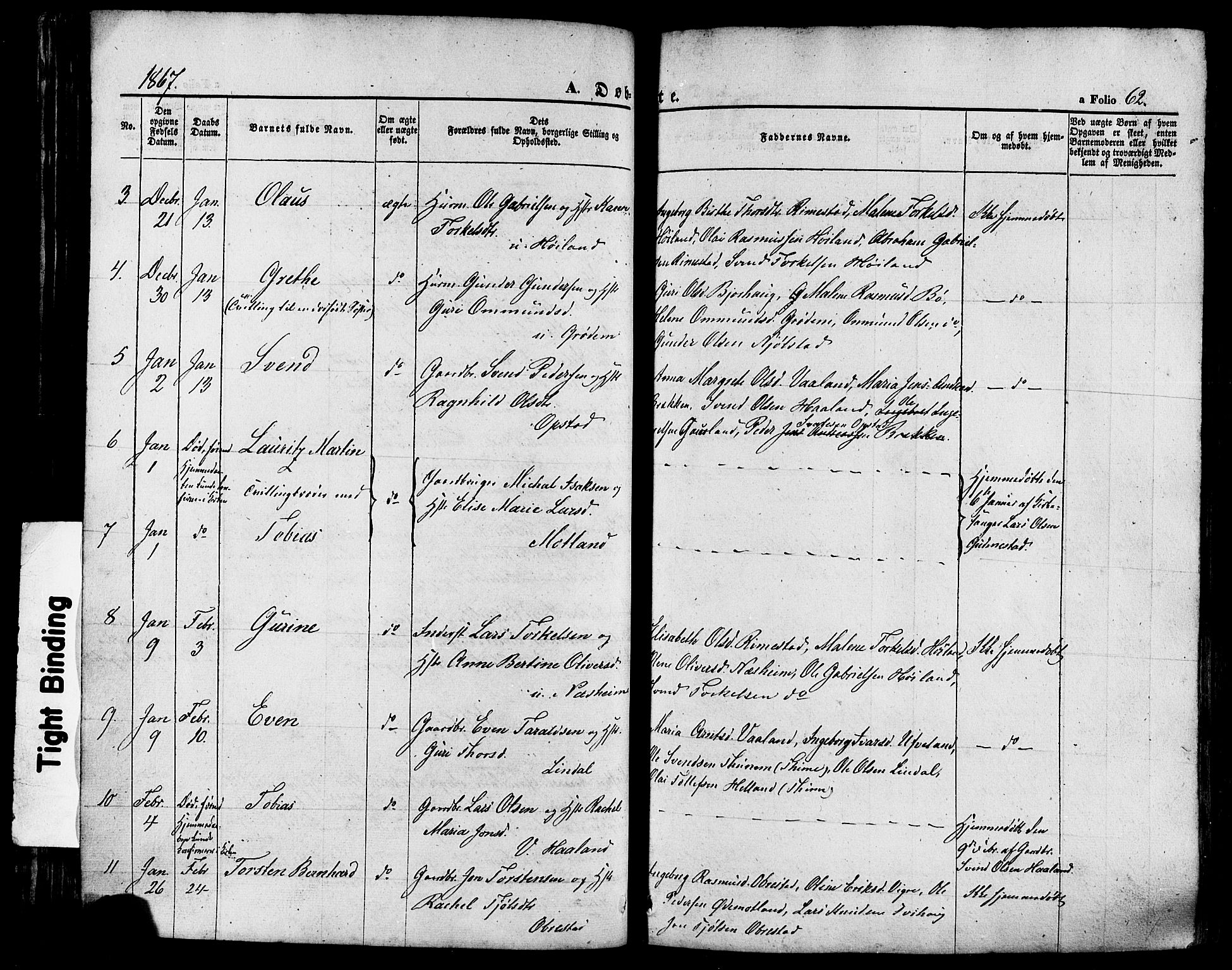 Hå sokneprestkontor, AV/SAST-A-101801/001/30BA/L0008: Parish register (official) no. A 7, 1853-1878, p. 62