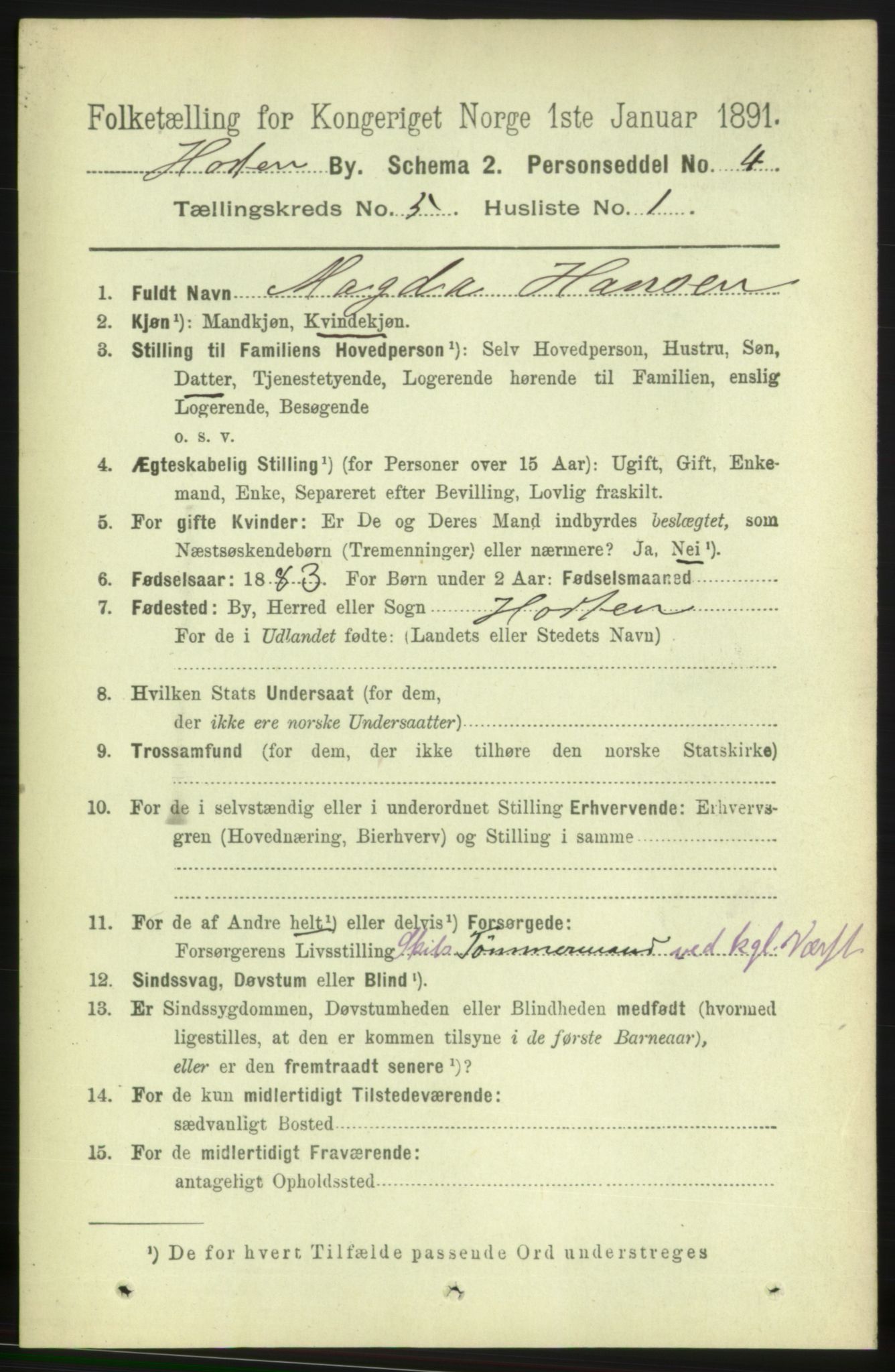 RA, 1891 census for 0703 Horten, 1891, p. 3485