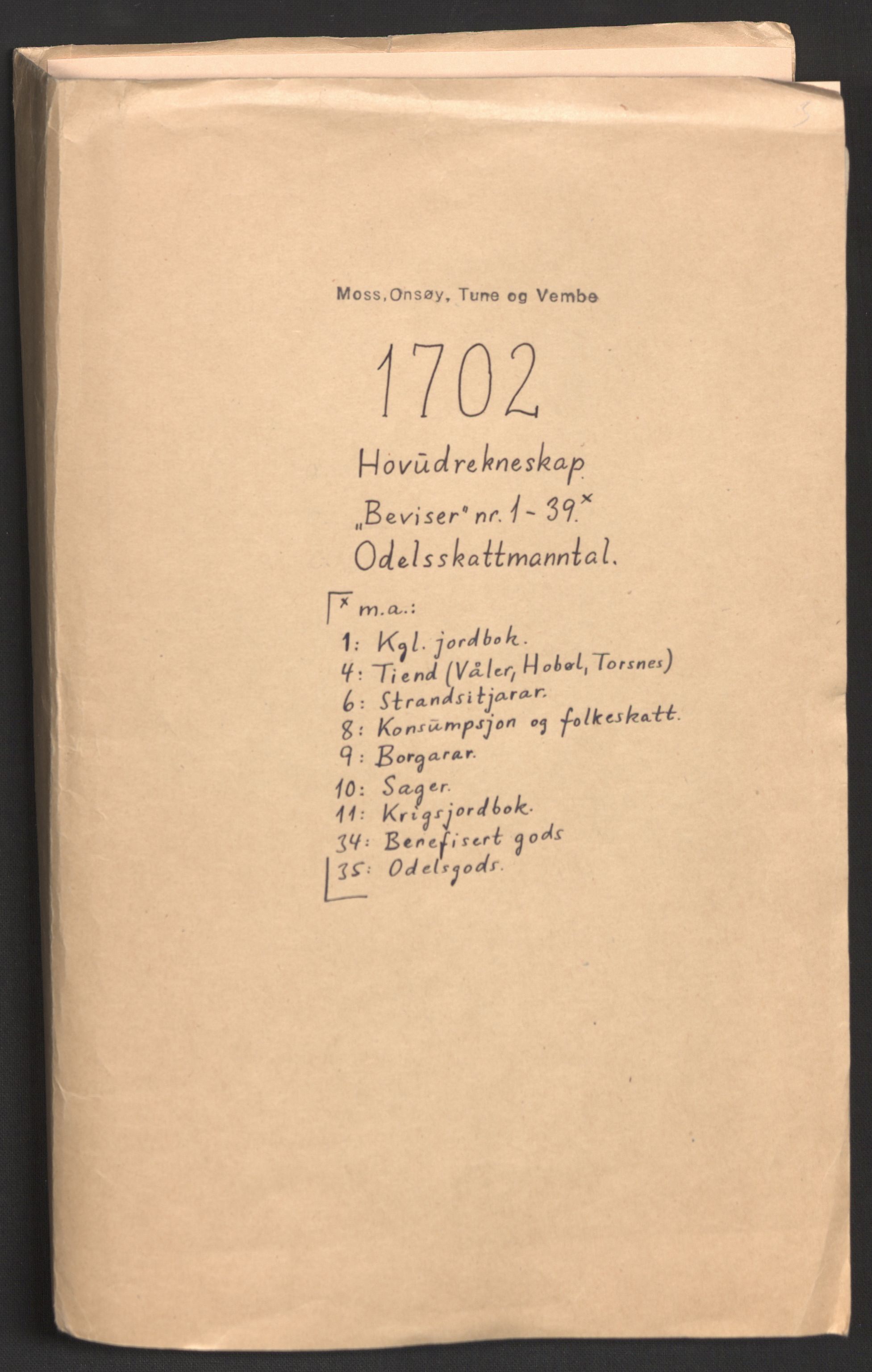 Rentekammeret inntil 1814, Reviderte regnskaper, Fogderegnskap, AV/RA-EA-4092/R04/L0131: Fogderegnskap Moss, Onsøy, Tune, Veme og Åbygge, 1702, p. 2