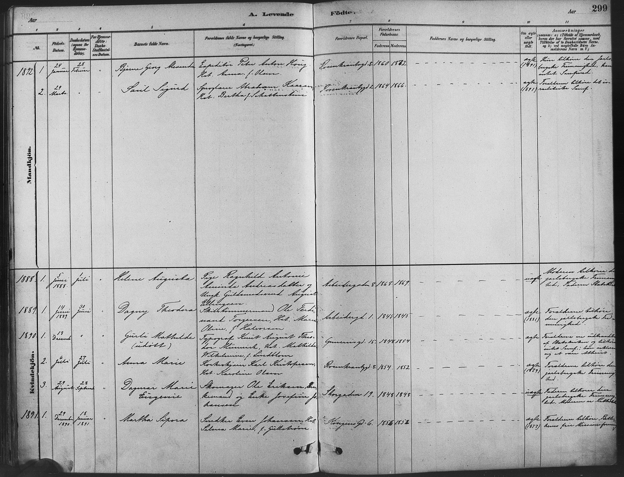 Oslo domkirke Kirkebøker, SAO/A-10752/F/Fa/L0029: Parish register (official) no. 29, 1879-1892, p. 299