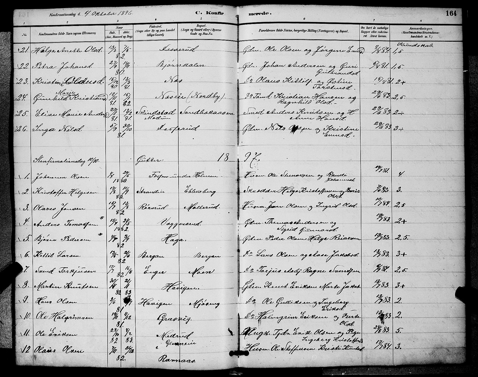 Sigdal kirkebøker, SAKO/A-245/G/Ga/L0005: Parish register (copy) no. I 5, 1886-1900, p. 164